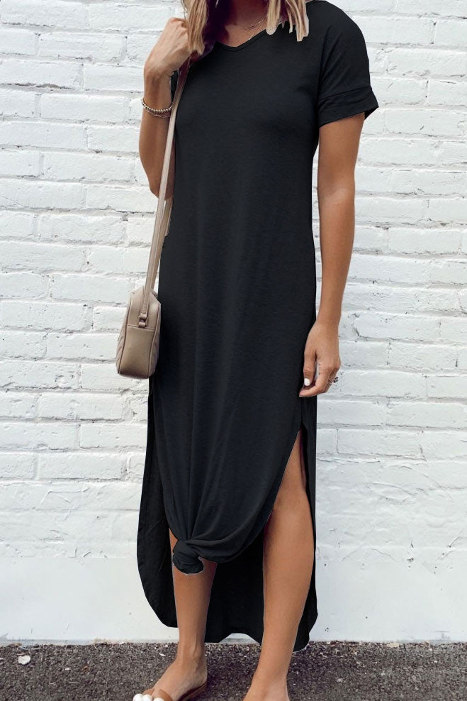 Simple Short Sleeve Side Split Casual Dress