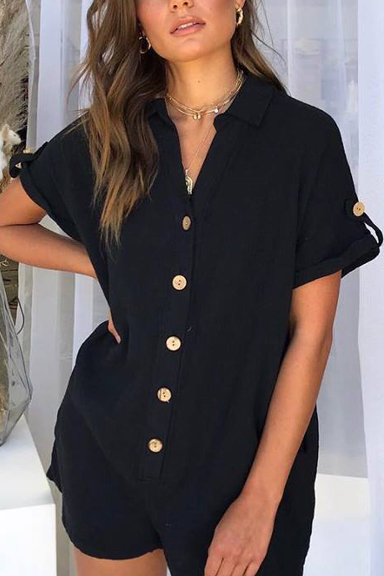 Single-breasted Pocketed Shirt Rompers