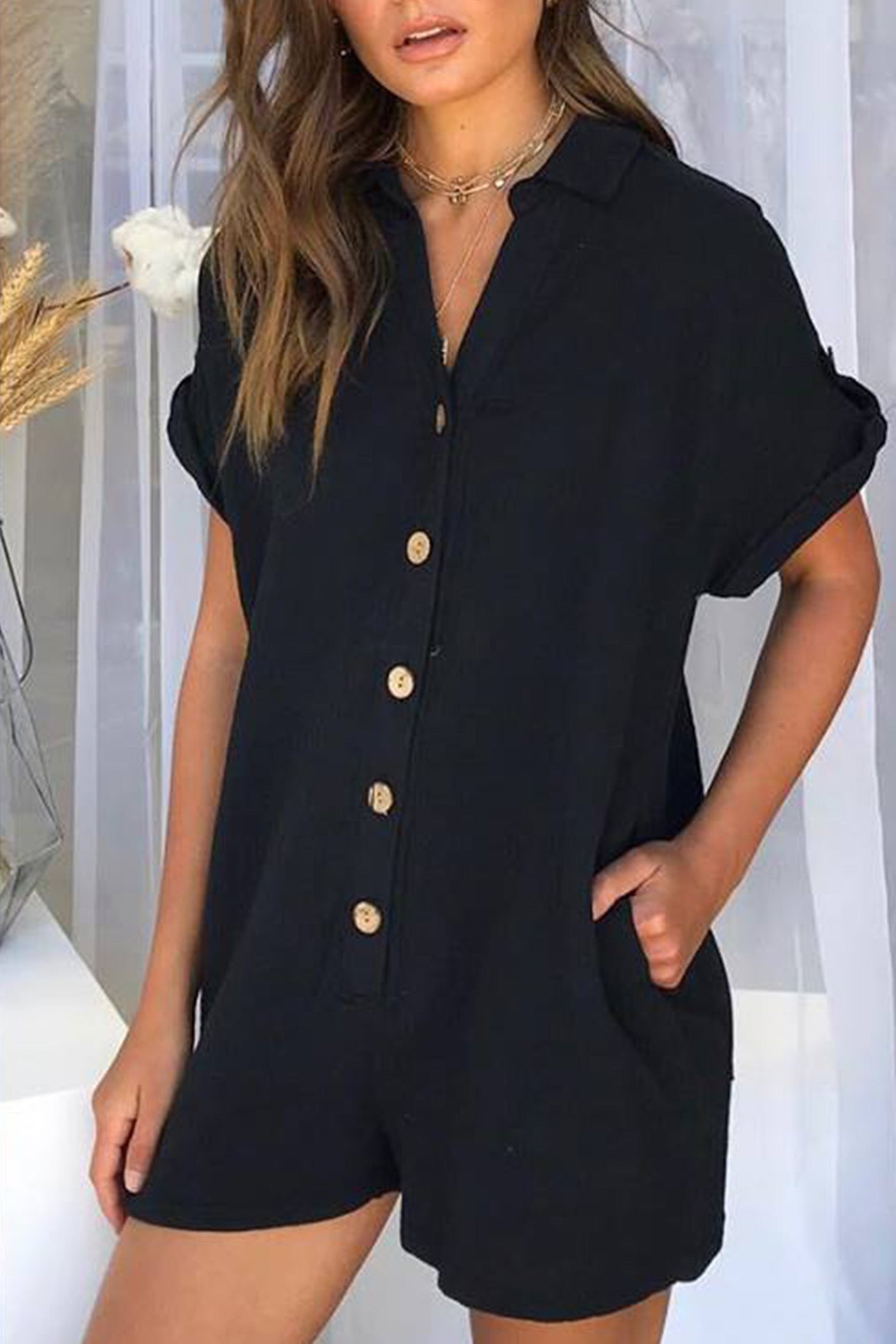 Single-breasted Pocketed Shirt Rompers