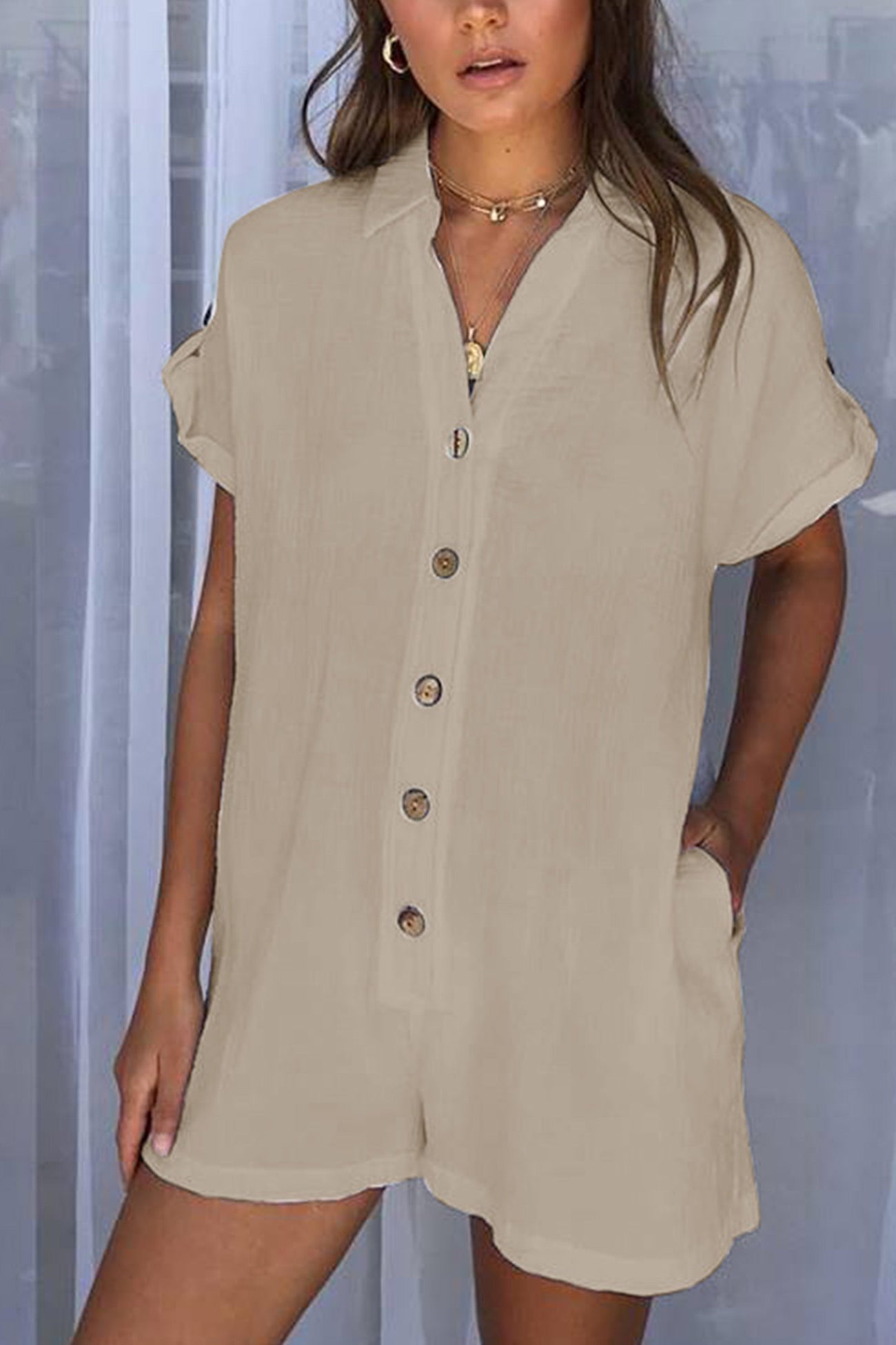 Single-breasted Pocketed Shirt Rompers