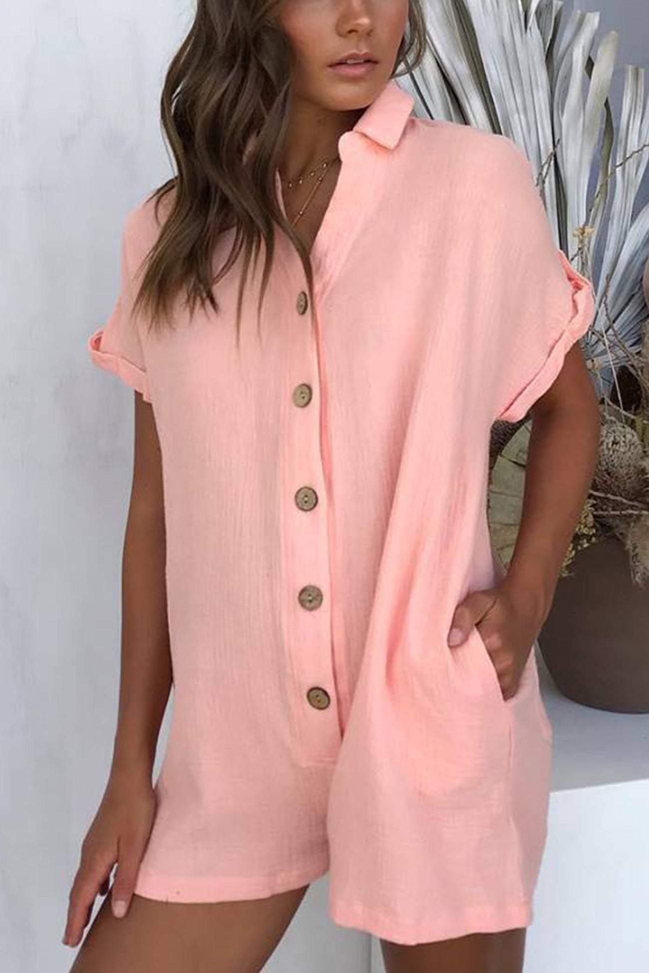 Single-breasted Pocketed Shirt Rompers