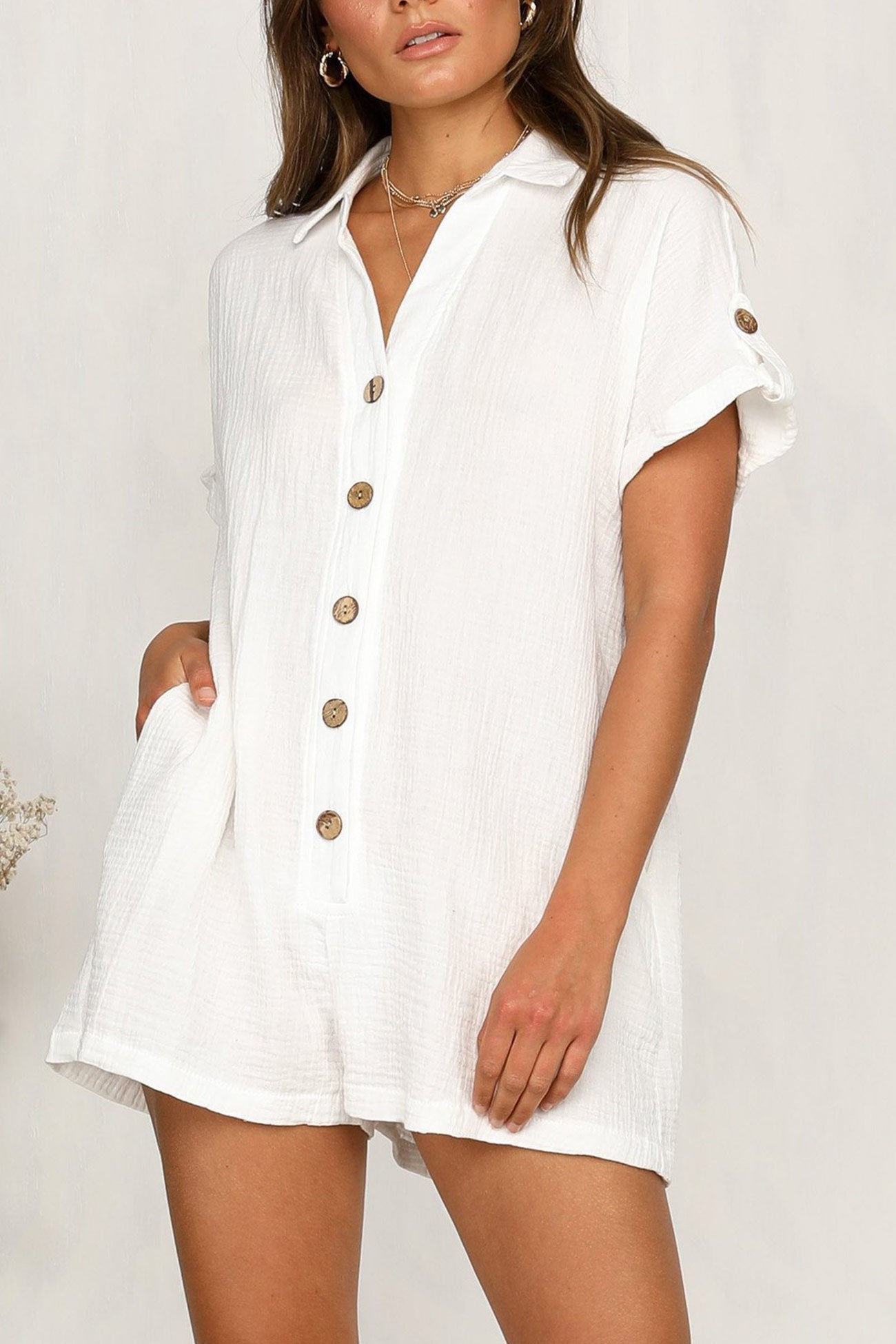 Single-breasted Pocketed Shirt Rompers