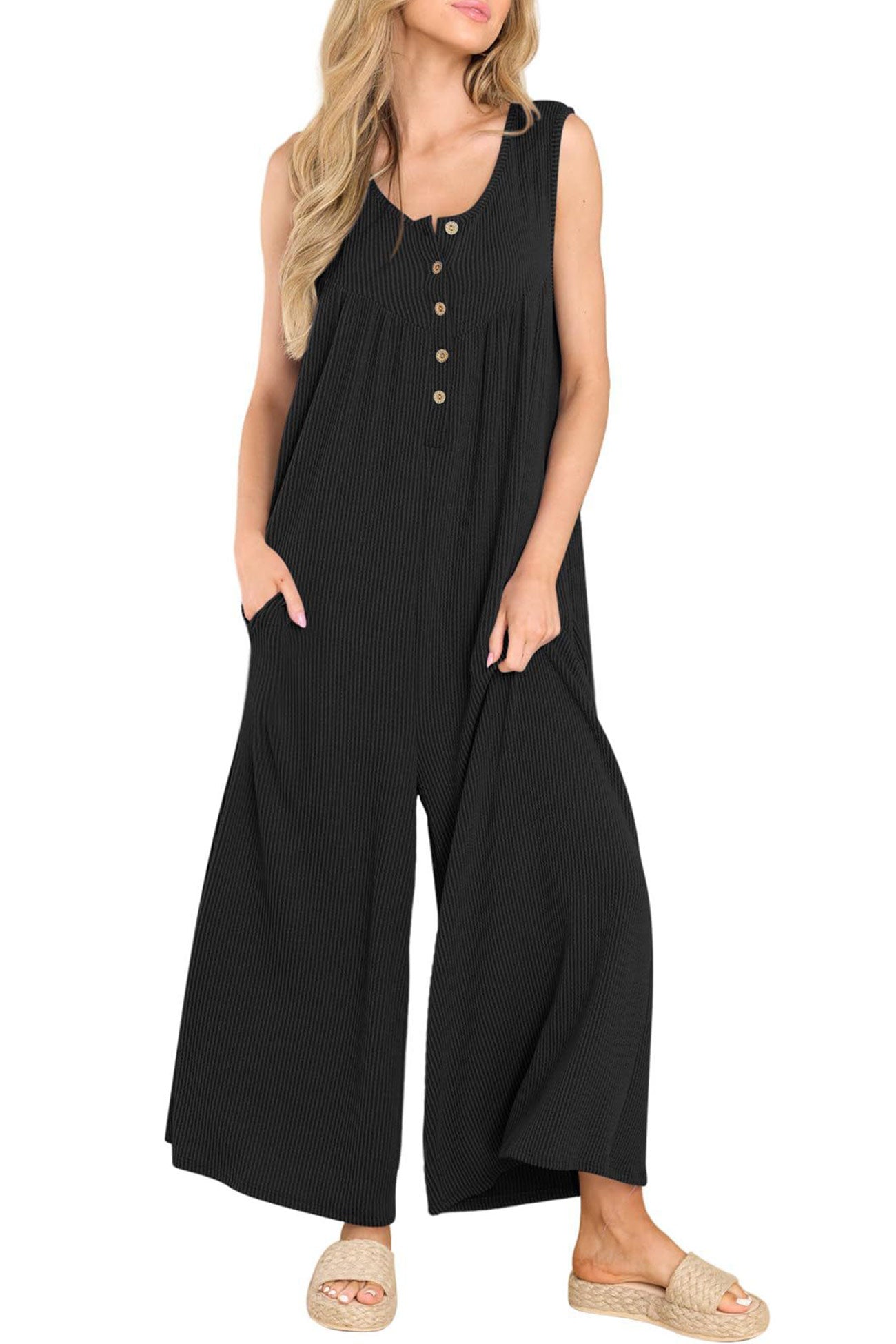 Single-breasted Pocketed Sleeveless Jumpsuits