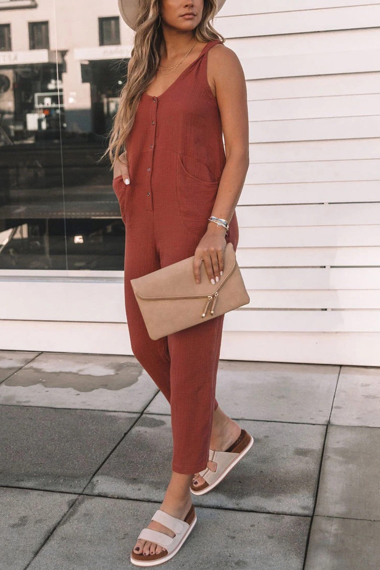 Single-breasted High Waist Sleeveless Jumpsuits