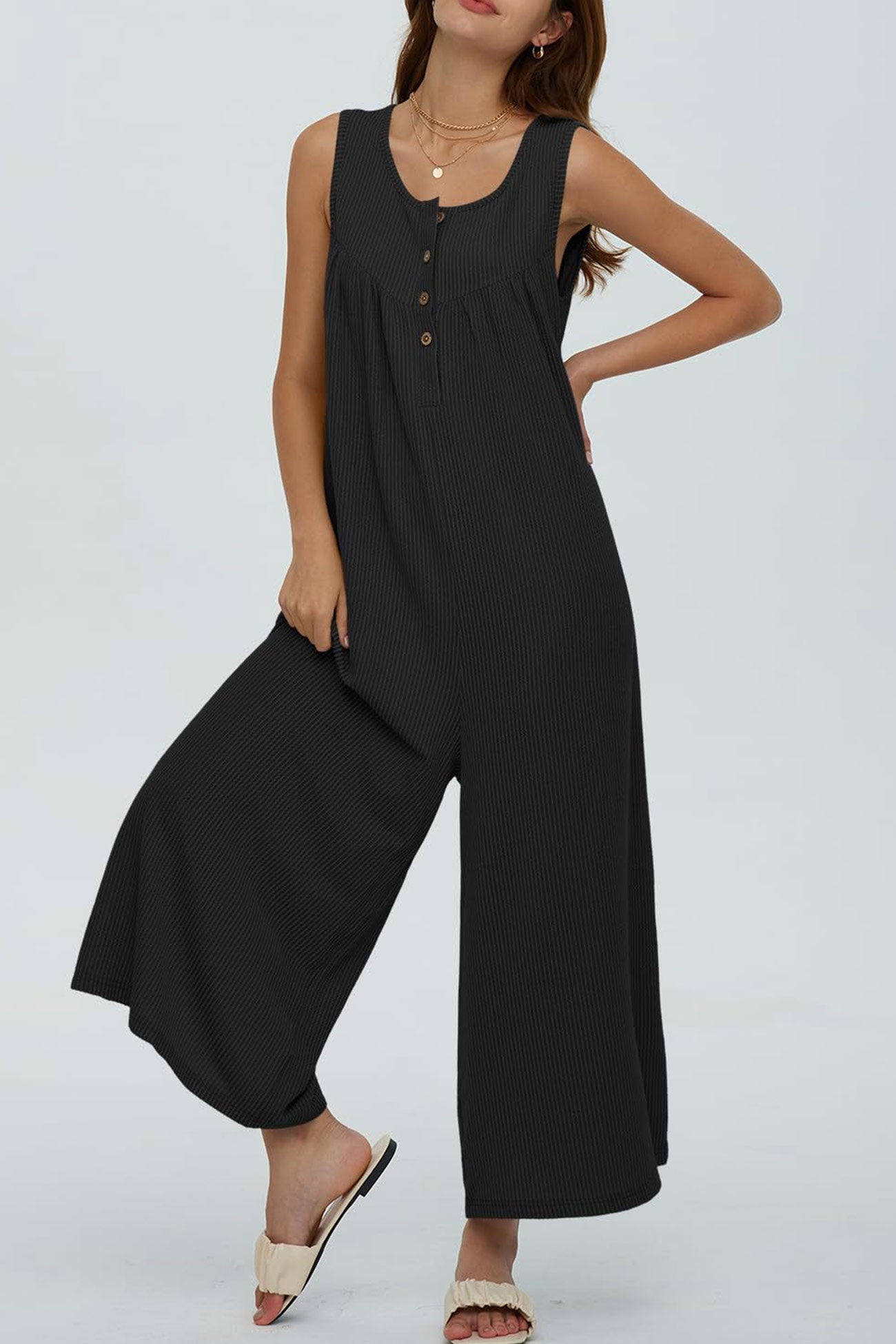 Single-breasted Pocketed Sleeveless Jumpsuits