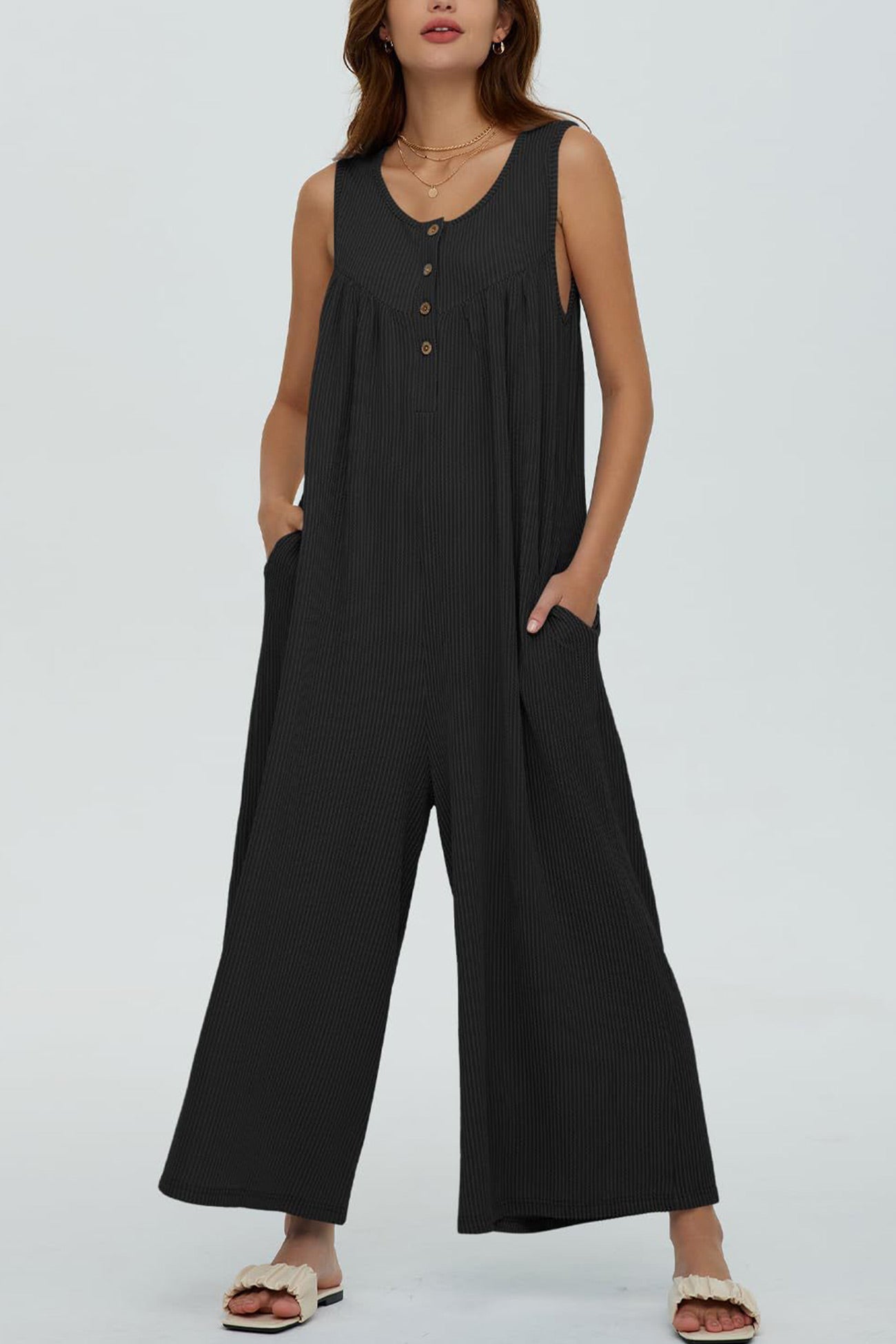 Single-breasted Pocketed Sleeveless Jumpsuits