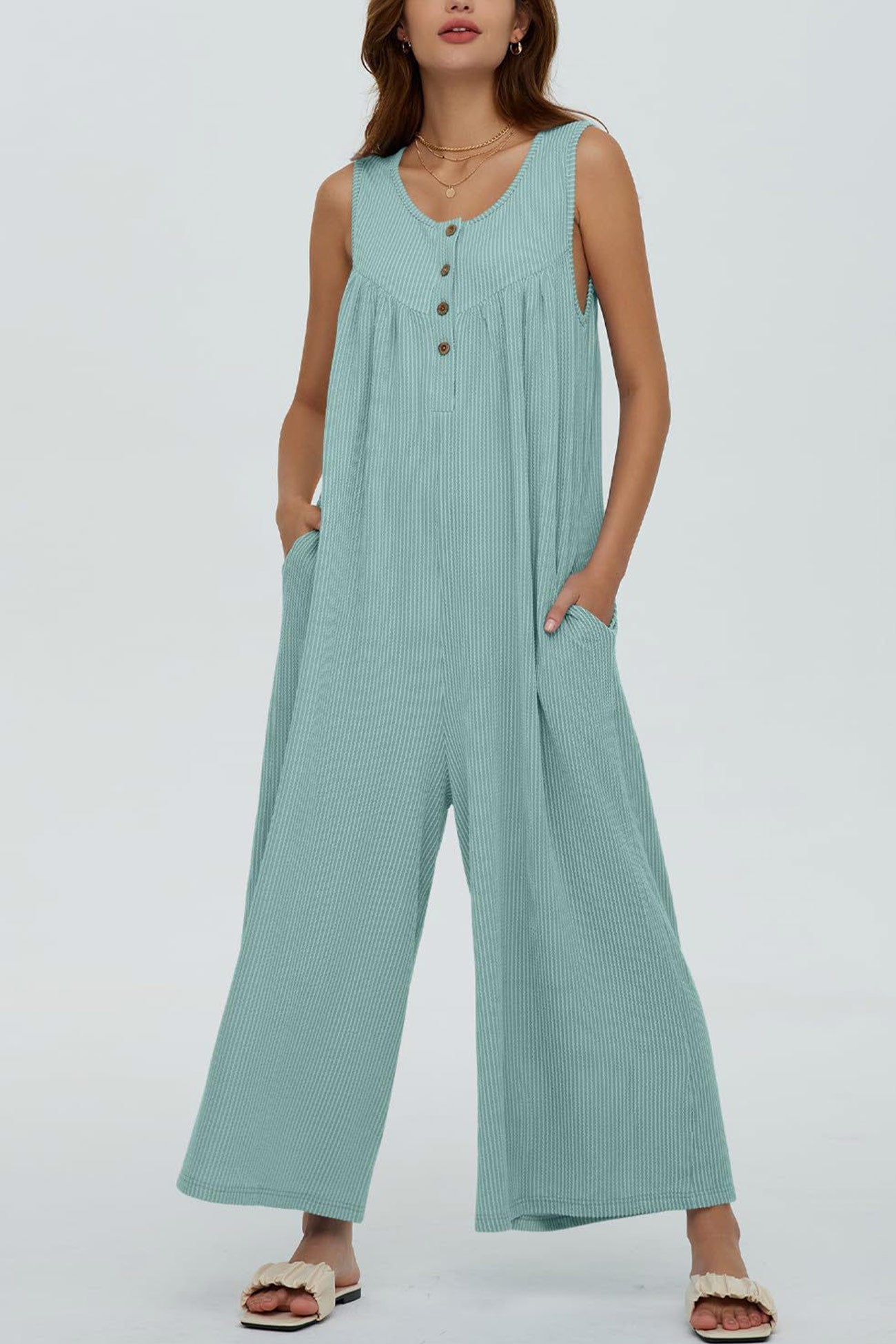 Single-breasted Pocketed Sleeveless Jumpsuits