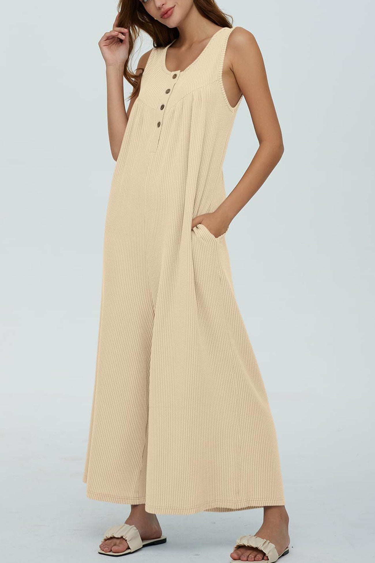 Single-breasted Pocketed Sleeveless Jumpsuits