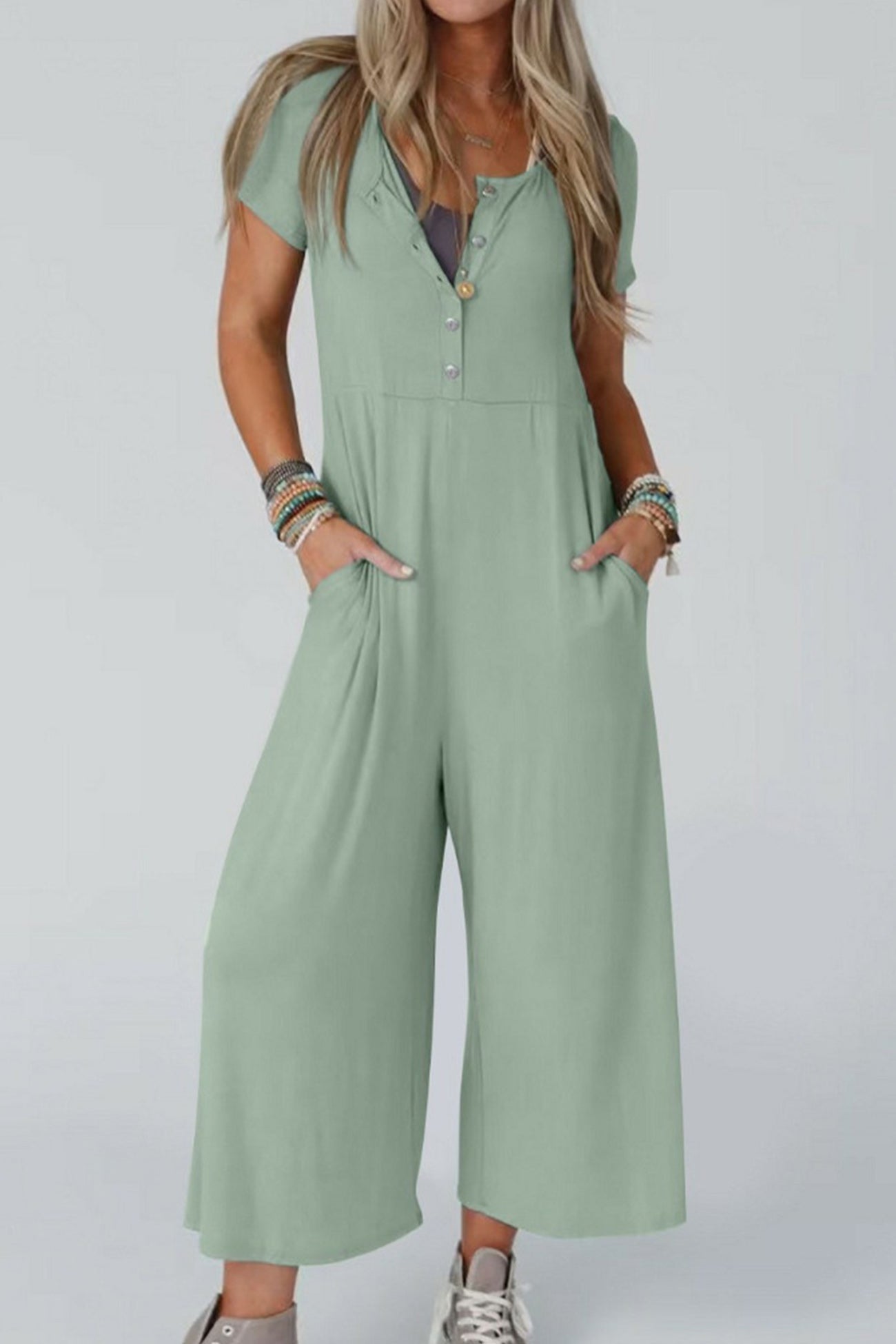 Single-breasted Short Sleeve Pocketed Jumpsuits