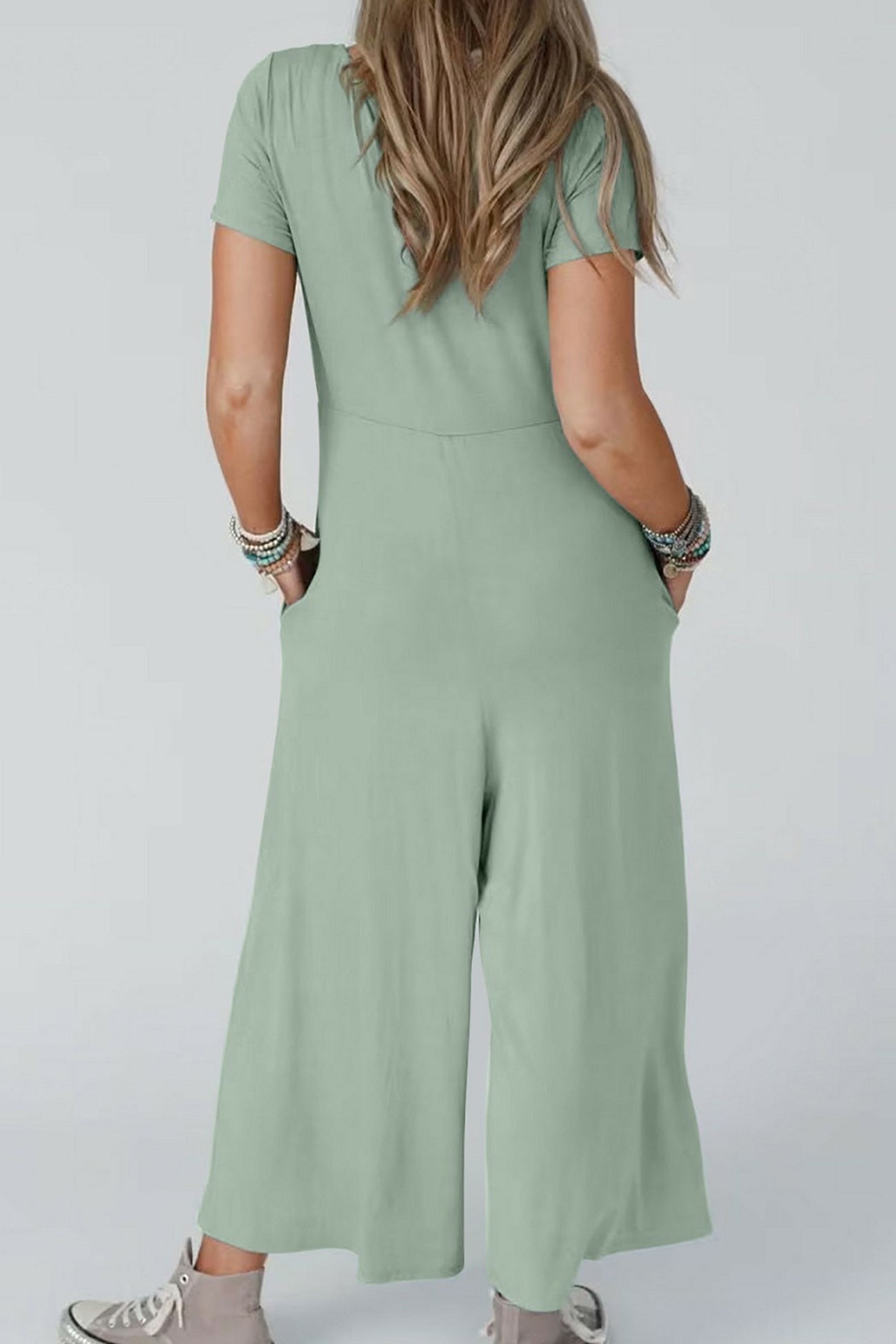 Single-breasted Short Sleeve Pocketed Jumpsuits