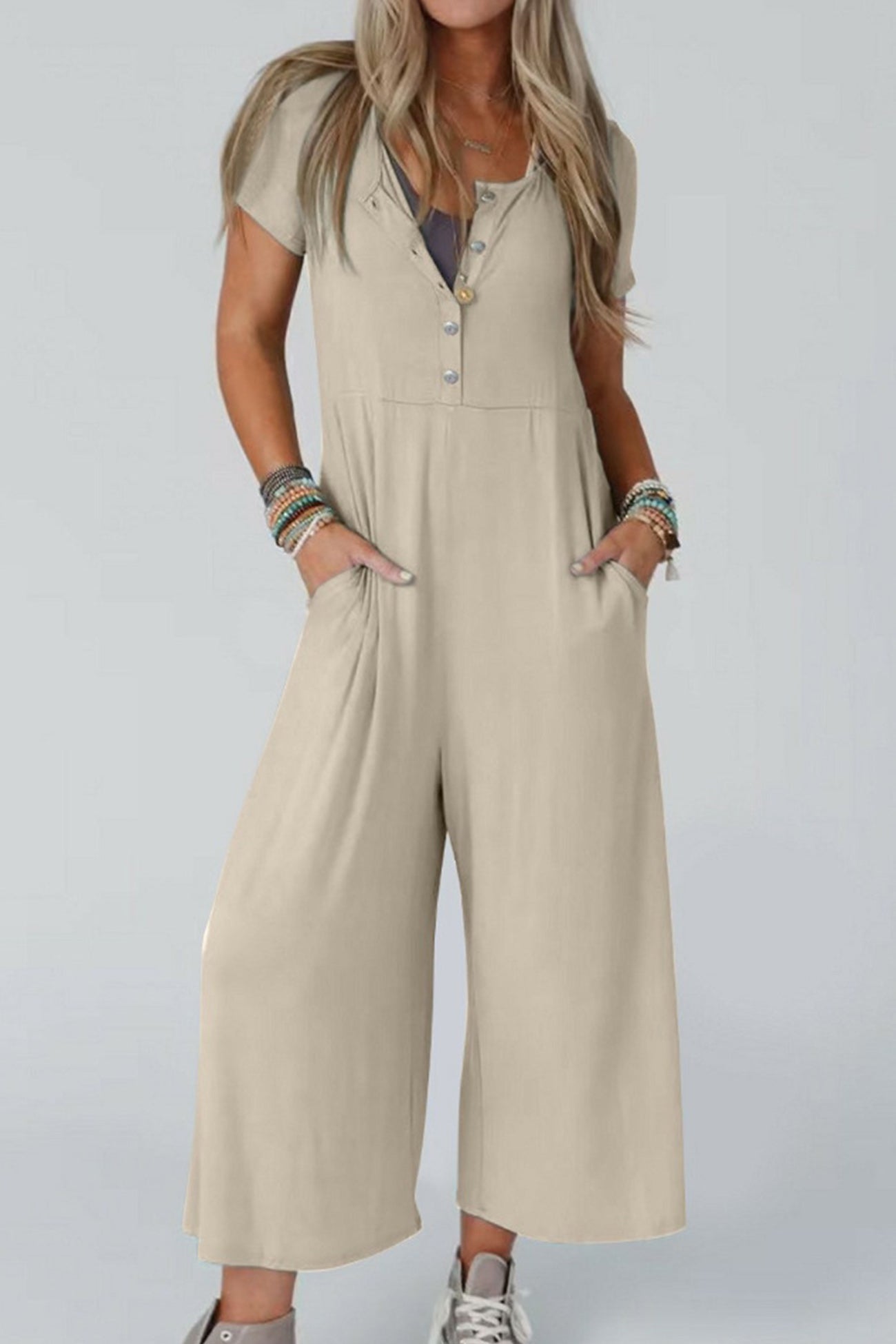 Single-breasted Short Sleeve Pocketed Jumpsuits