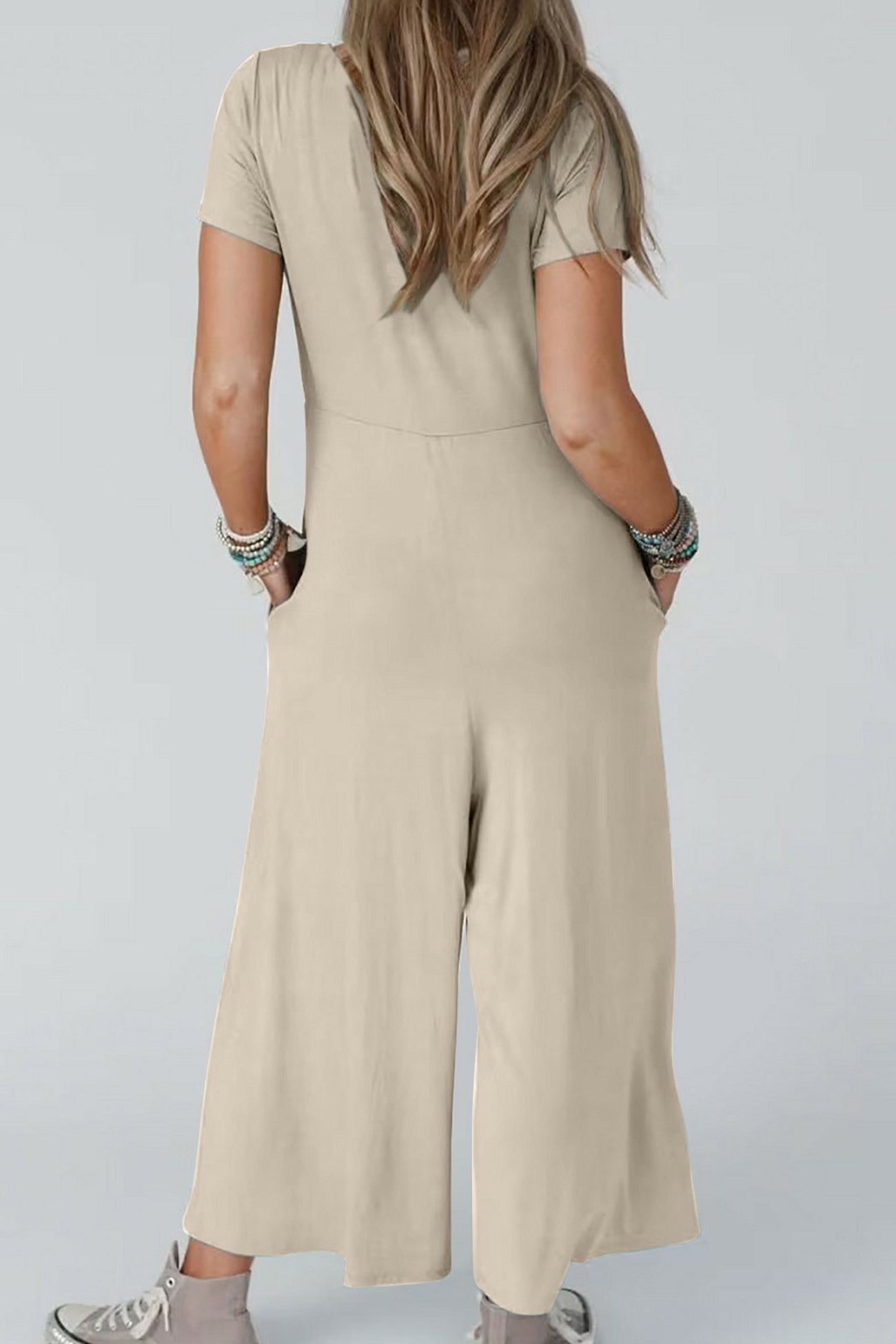 Single-breasted Short Sleeve Pocketed Jumpsuits