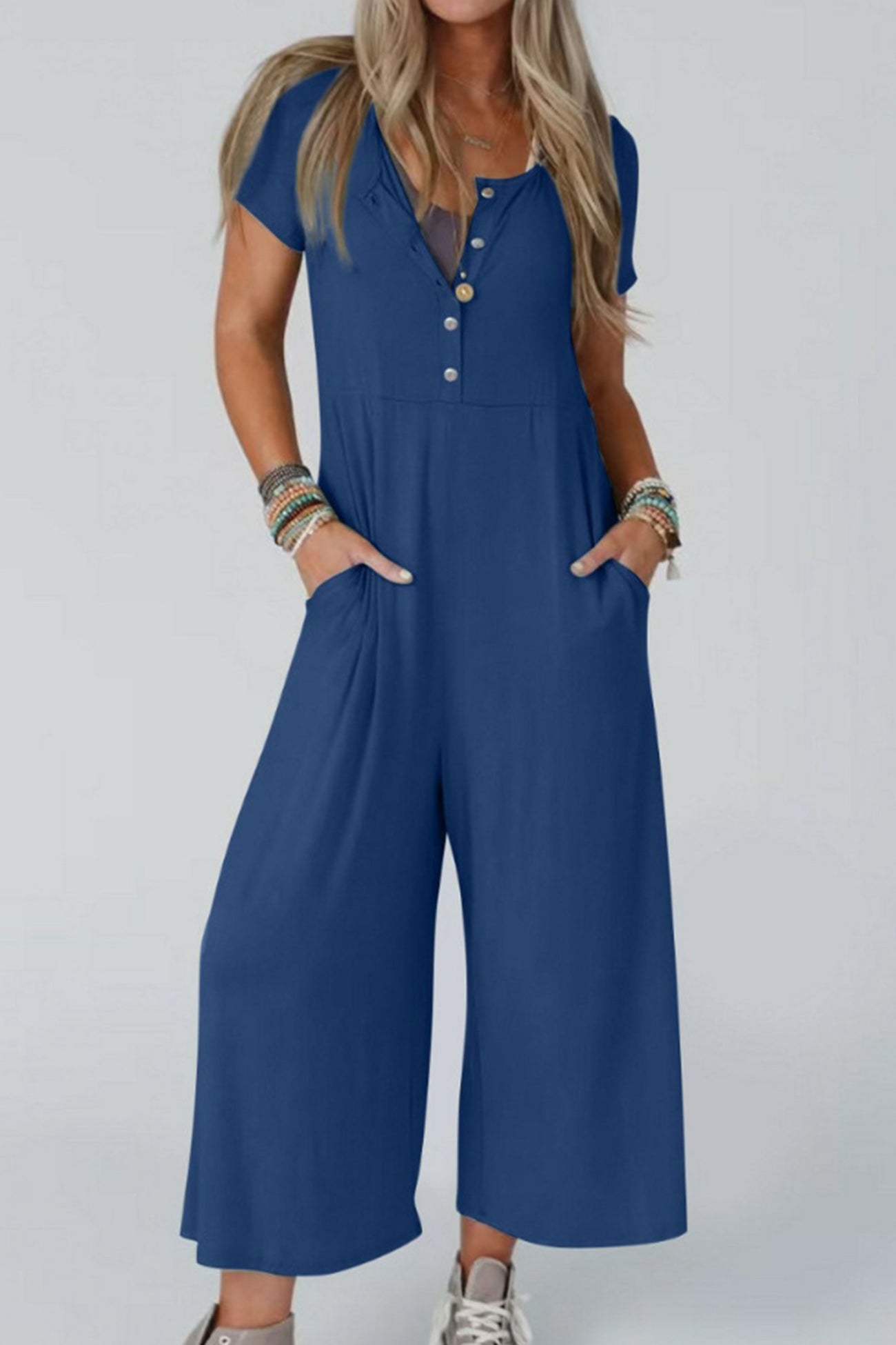 Single-breasted Short Sleeve Pocketed Jumpsuits