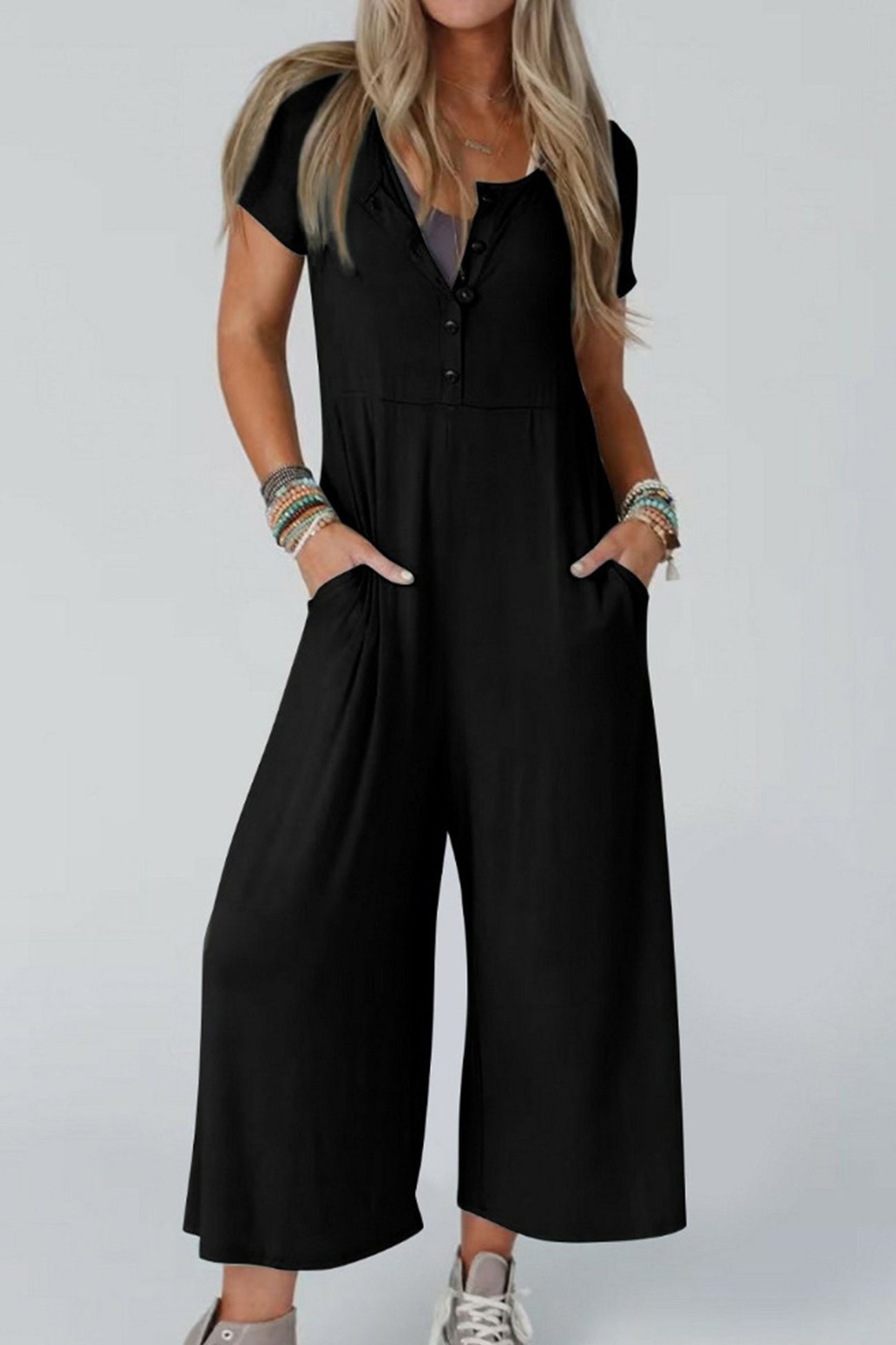 Single-breasted Short Sleeve Pocketed Jumpsuits