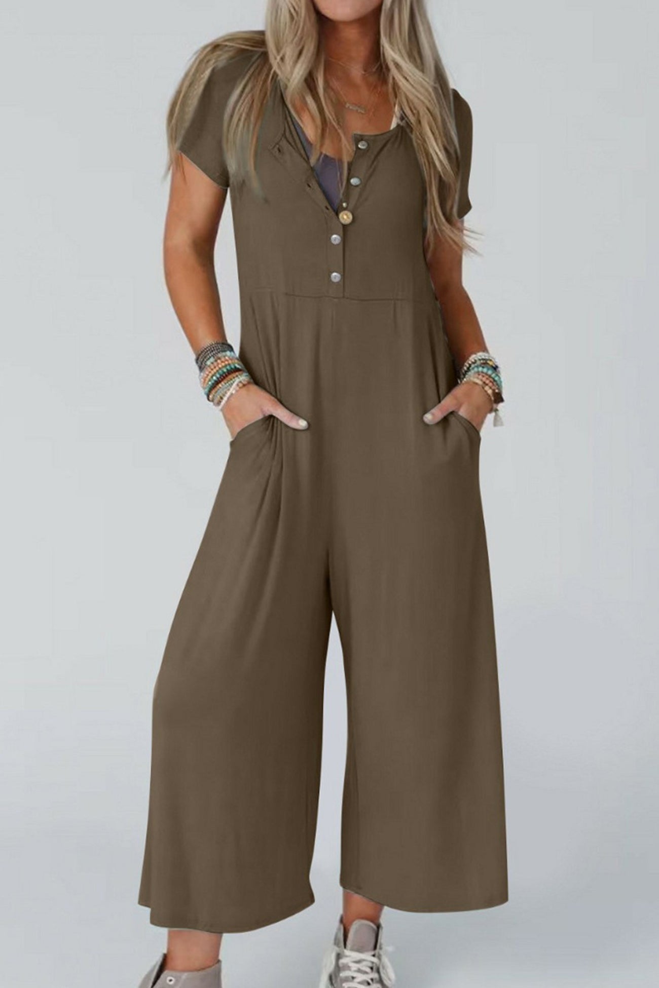 Single-breasted Short Sleeve Pocketed Jumpsuits