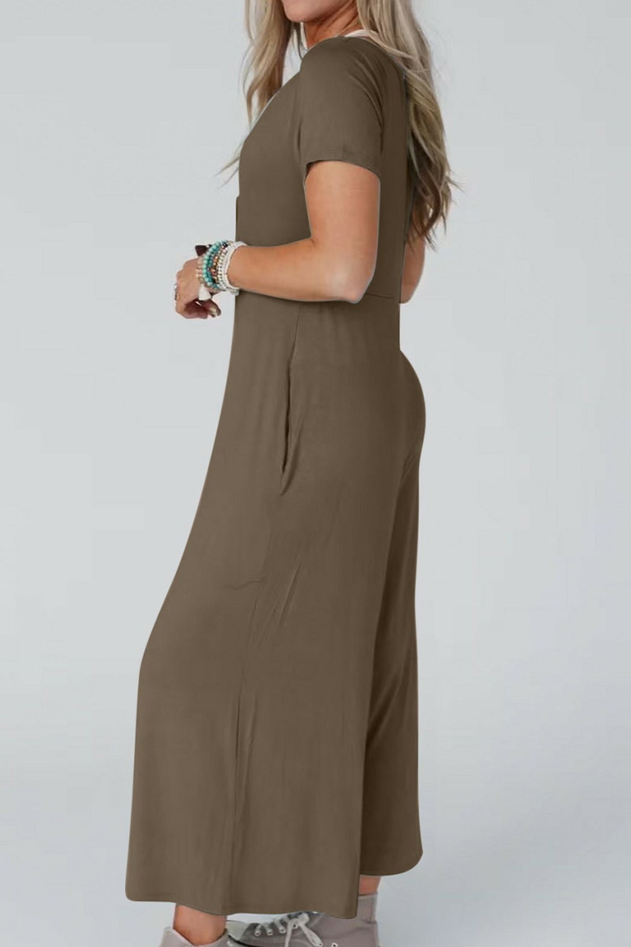 Single-breasted Short Sleeve Pocketed Jumpsuits