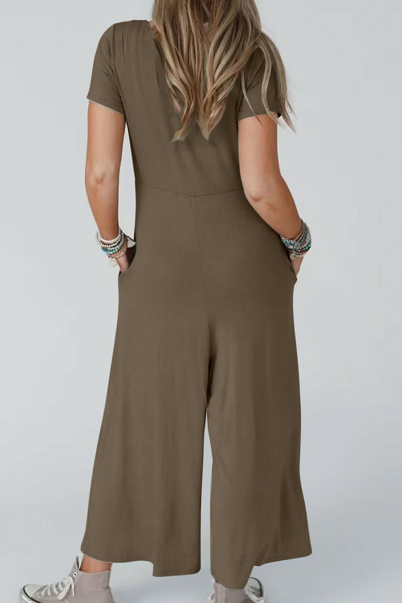 Single-breasted Short Sleeve Pocketed Jumpsuits