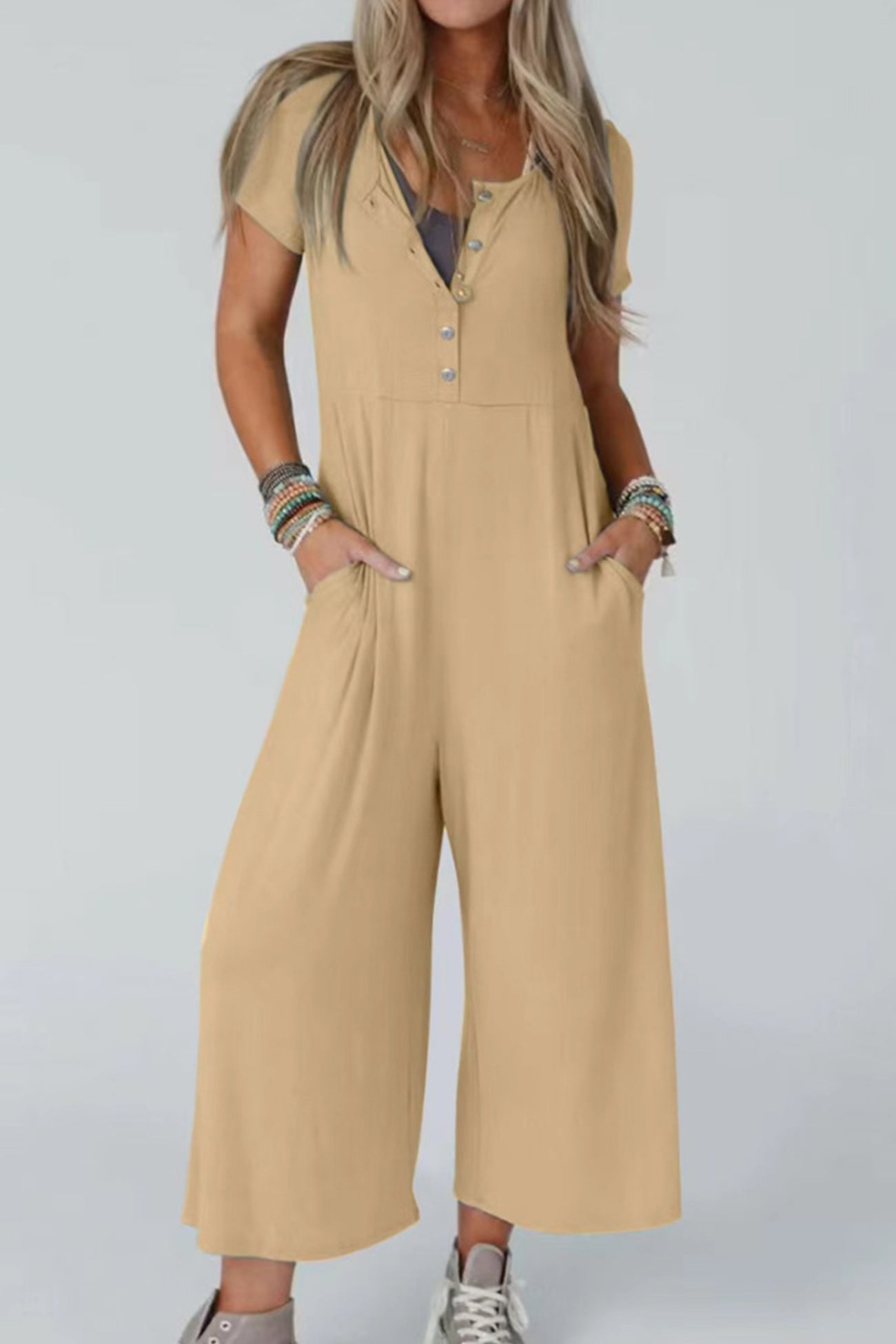 Single-breasted Short Sleeve Pocketed Jumpsuits