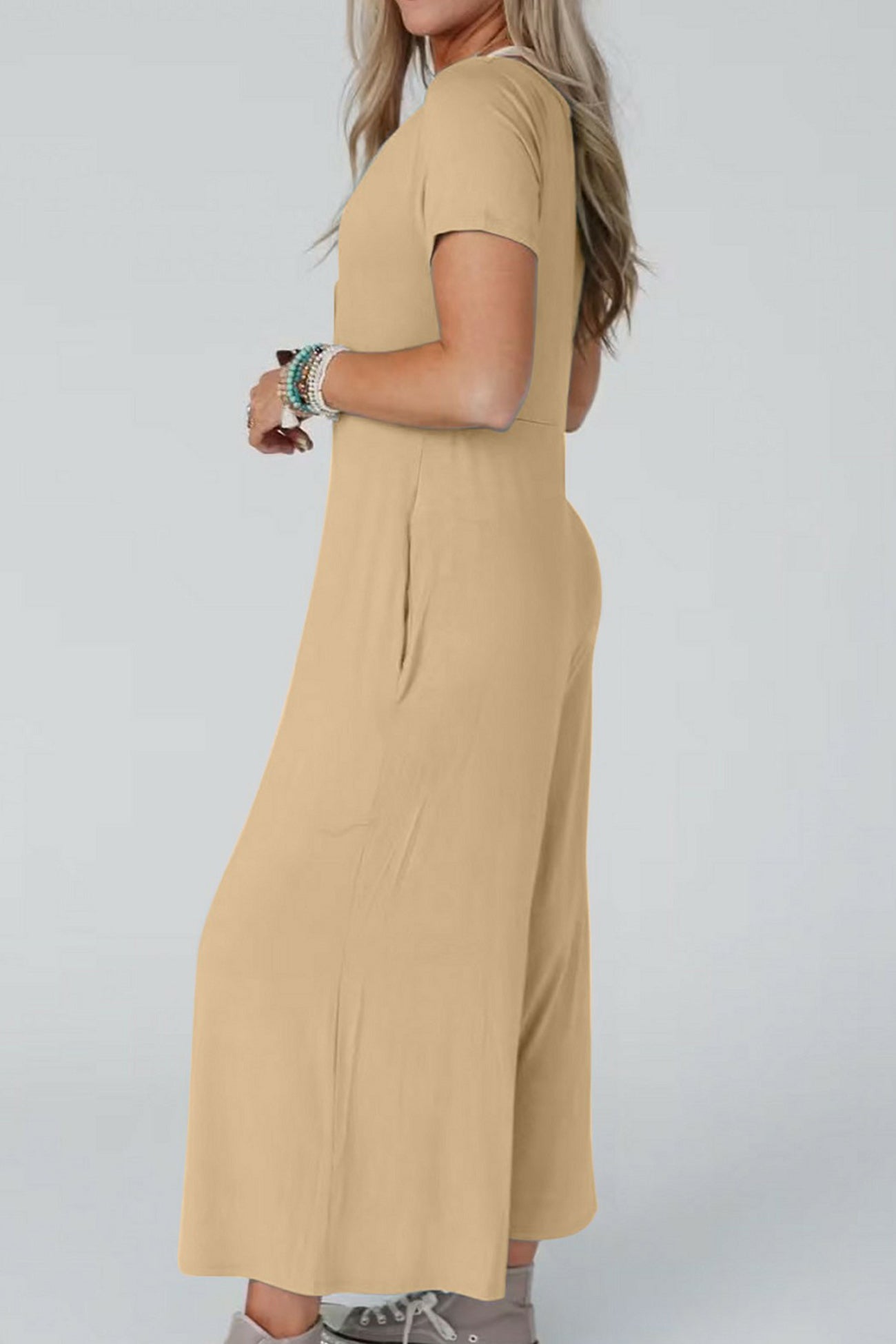 Single-breasted Short Sleeve Pocketed Jumpsuits