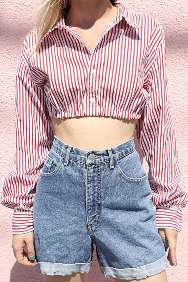 Single Breasted Striped Short Shirt - Mislish