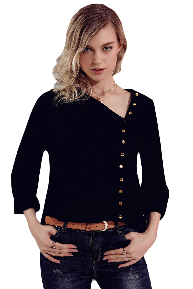 Slant Collar Asymmetrical Buttoned Chiffon Blouse