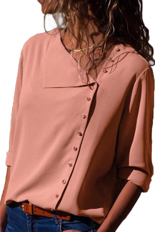 Slant Collar Asymmetrical Buttoned Chiffon Blouse