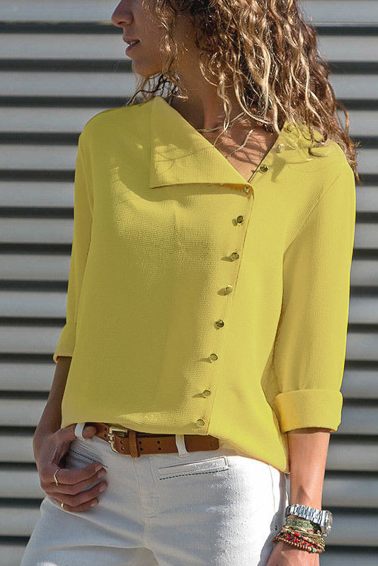 Slant Collar Asymmetrical Buttoned Chiffon Blouse