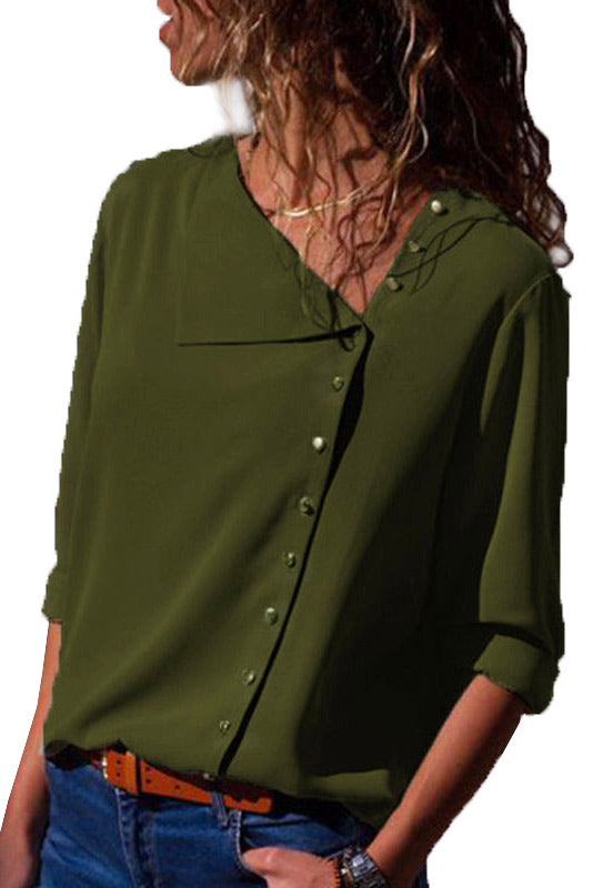 Slant Collar Asymmetrical Buttoned Chiffon Blouse