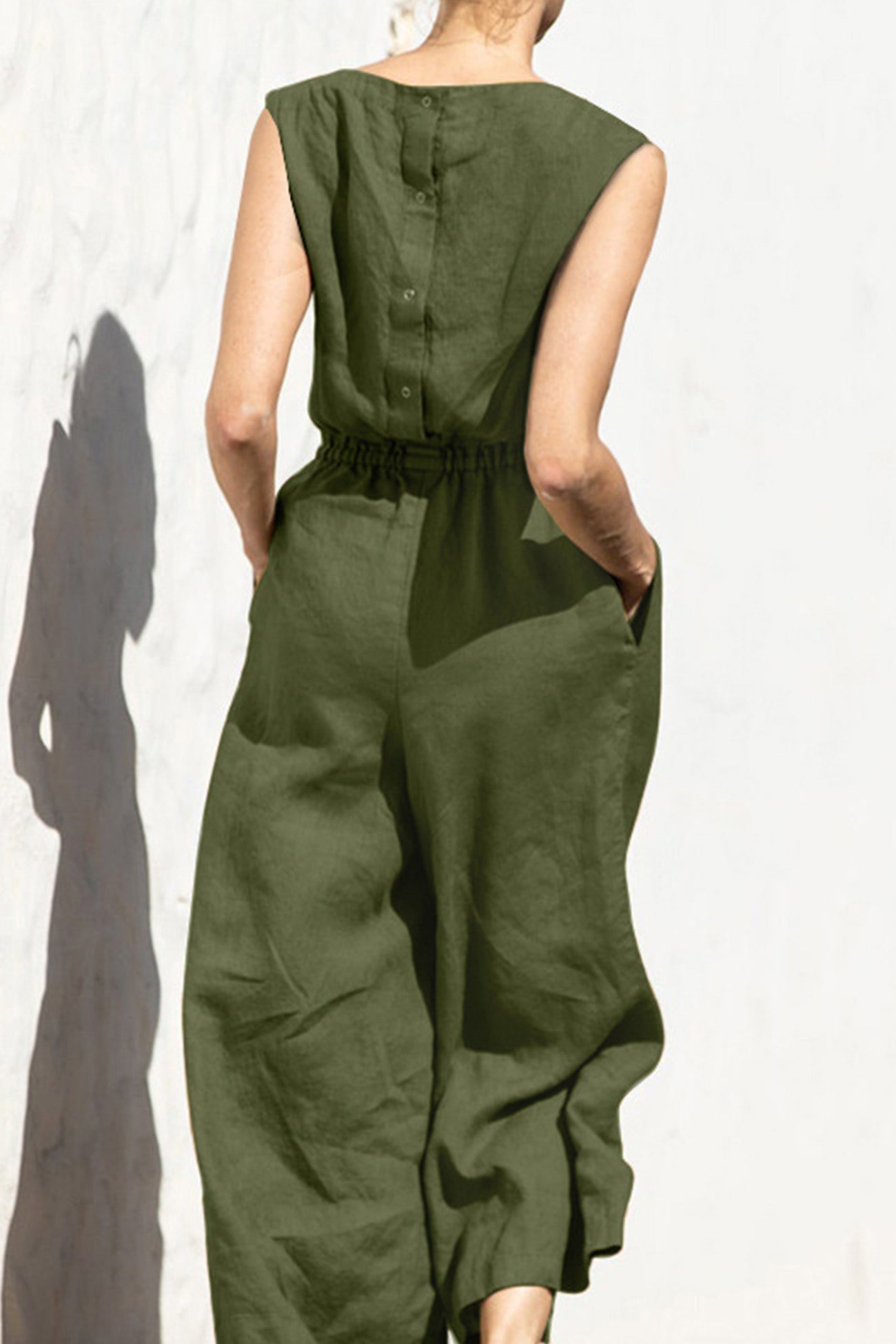 Sleeveless Button-back Cotton Jumpsuits