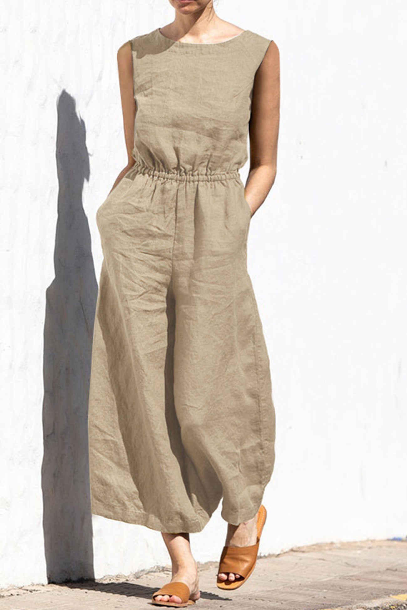 Sleeveless Button-back Cotton Jumpsuits