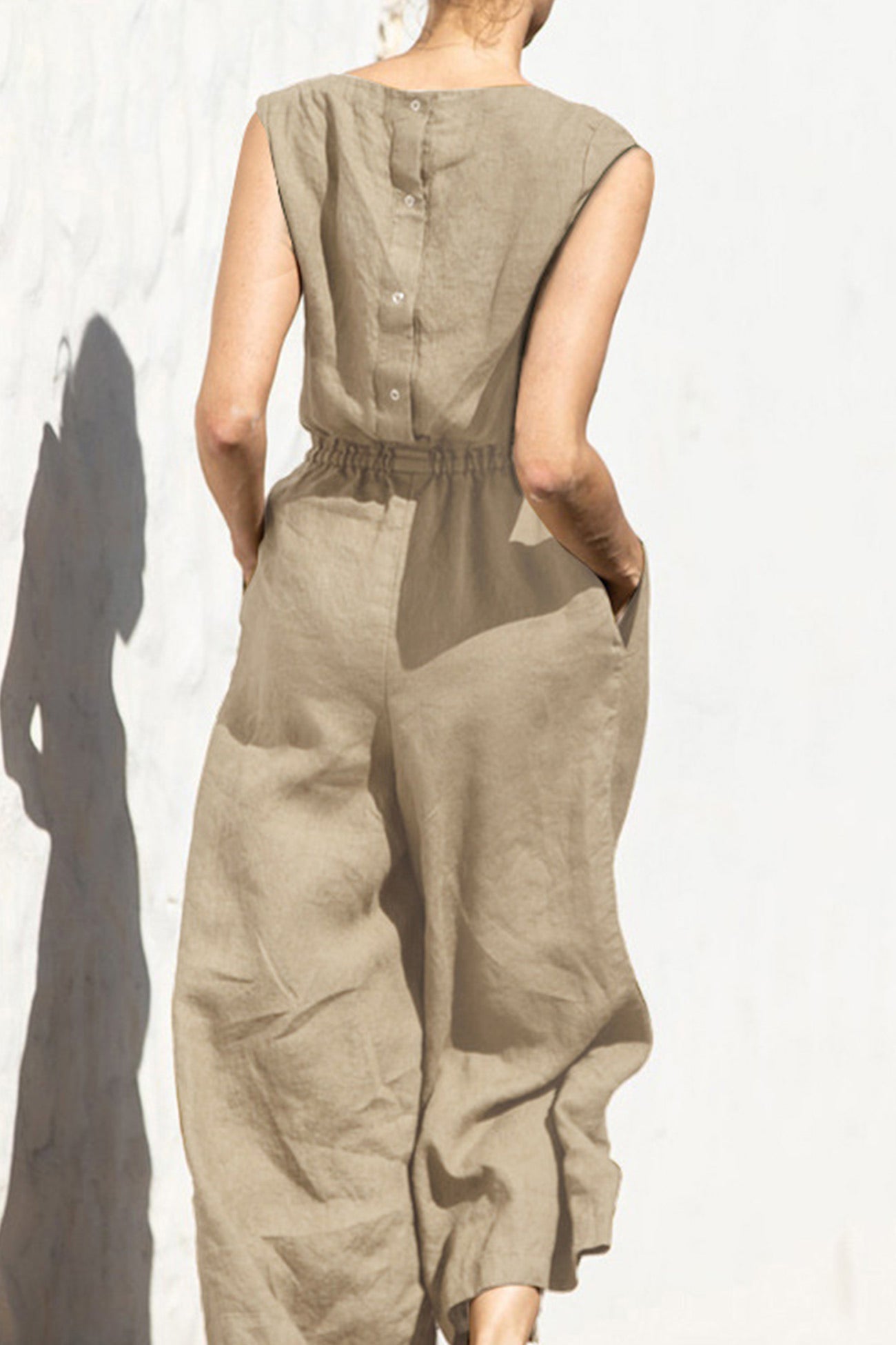 Sleeveless Button-back Cotton Jumpsuits