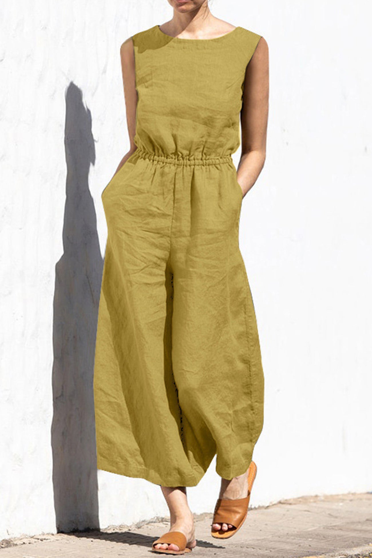 Sleeveless Button-back Cotton Jumpsuits