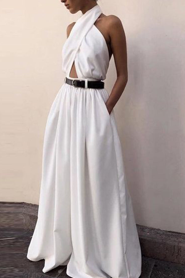 White Halter Twist Backless Jumpsuit