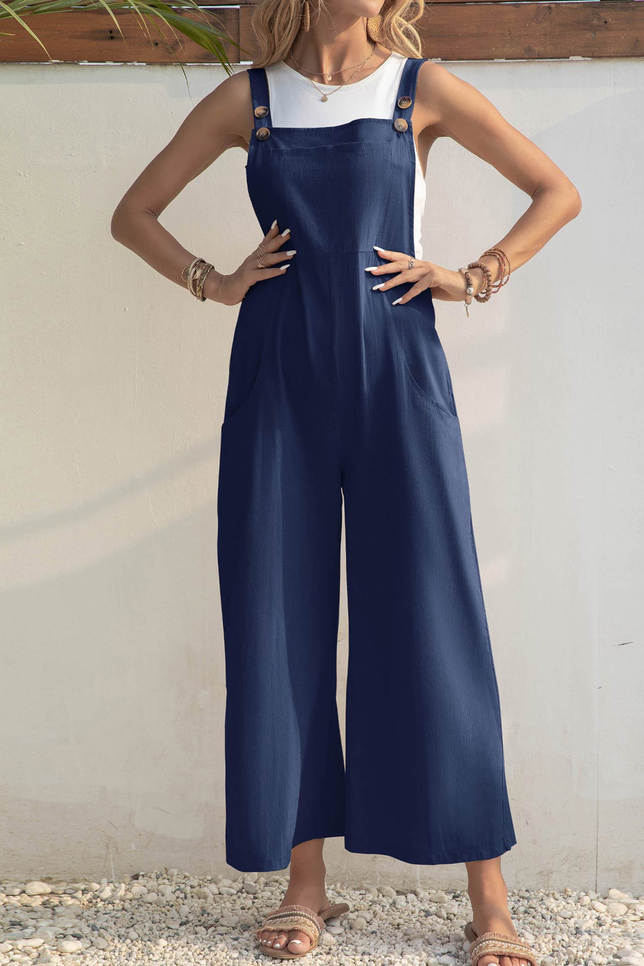 Solid Color Button Closure Pocketed Jumpsuits