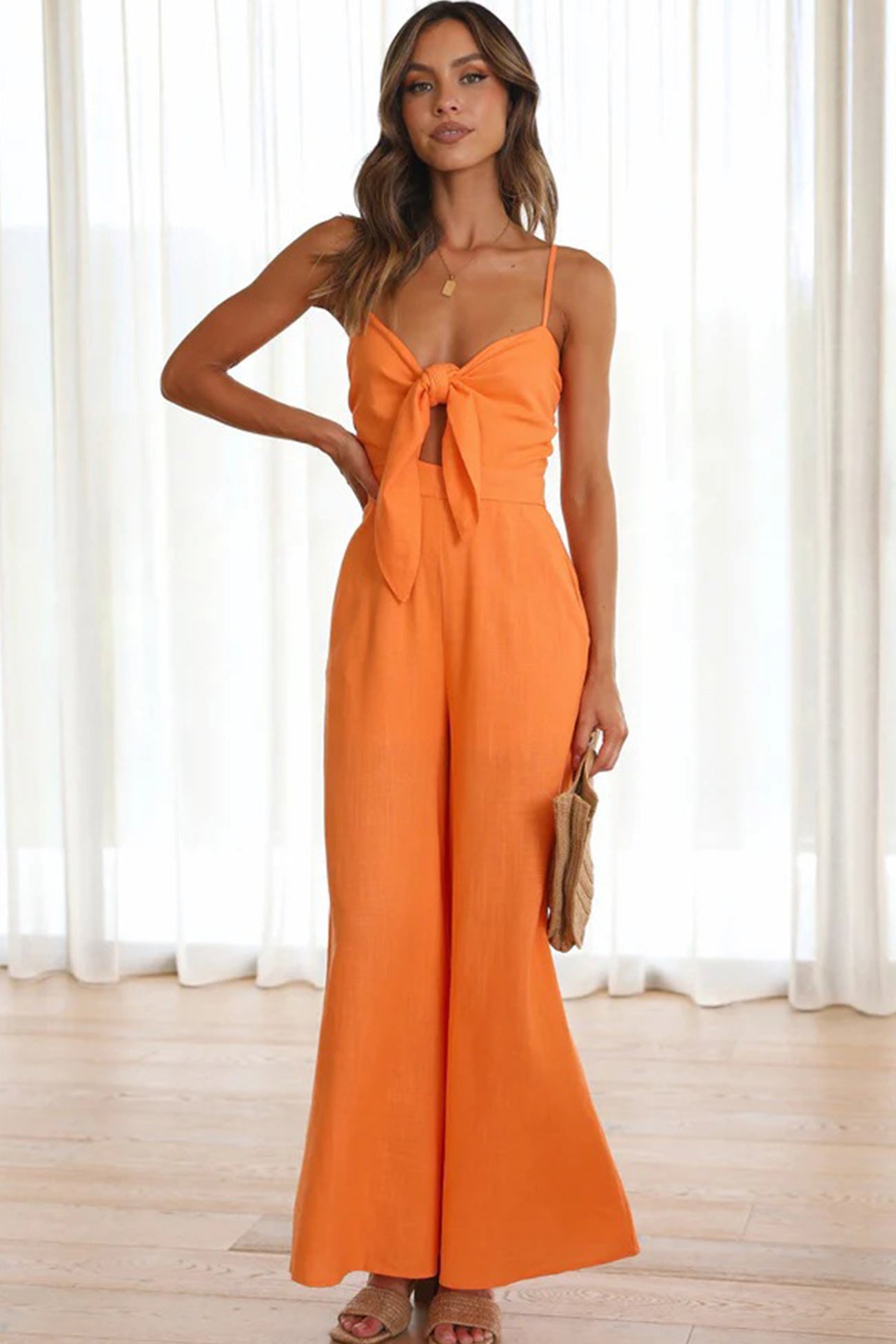 Solid Color Knot-front Wide Leg Cami Jumpsuits