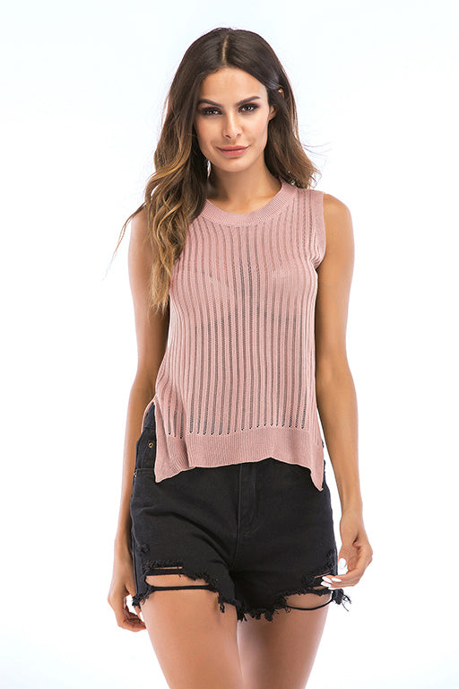 Solid Cut Out Slit Knit Tank Top - Mislish