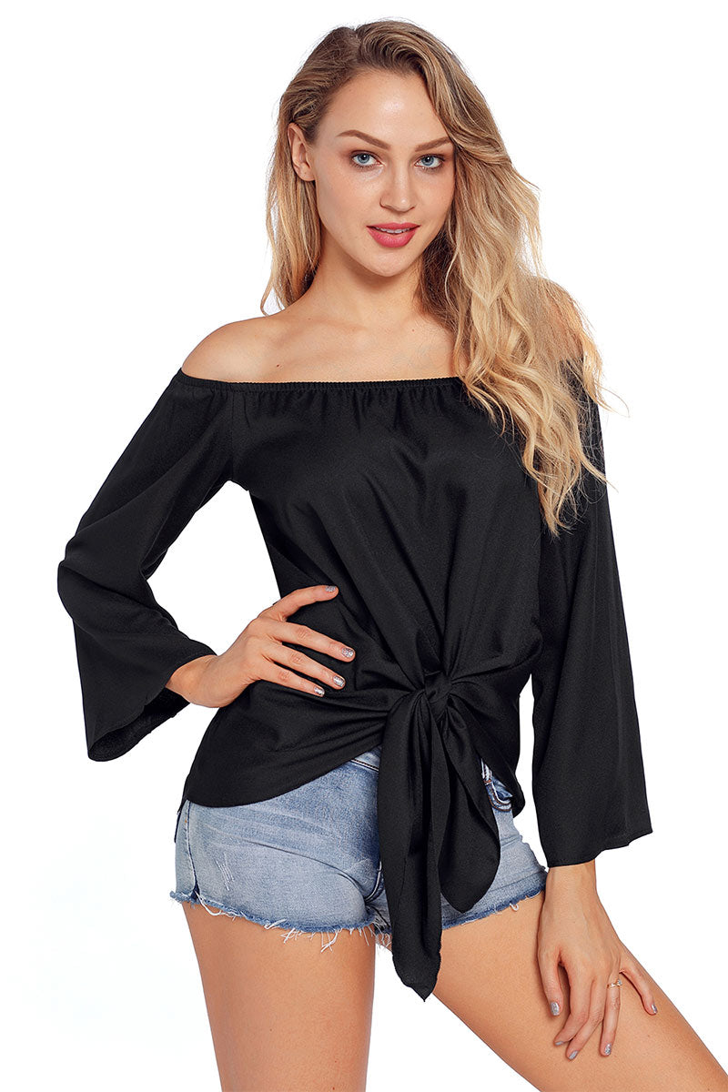 Solid Off-the-shoulder Knot Front Blouse - Mislish