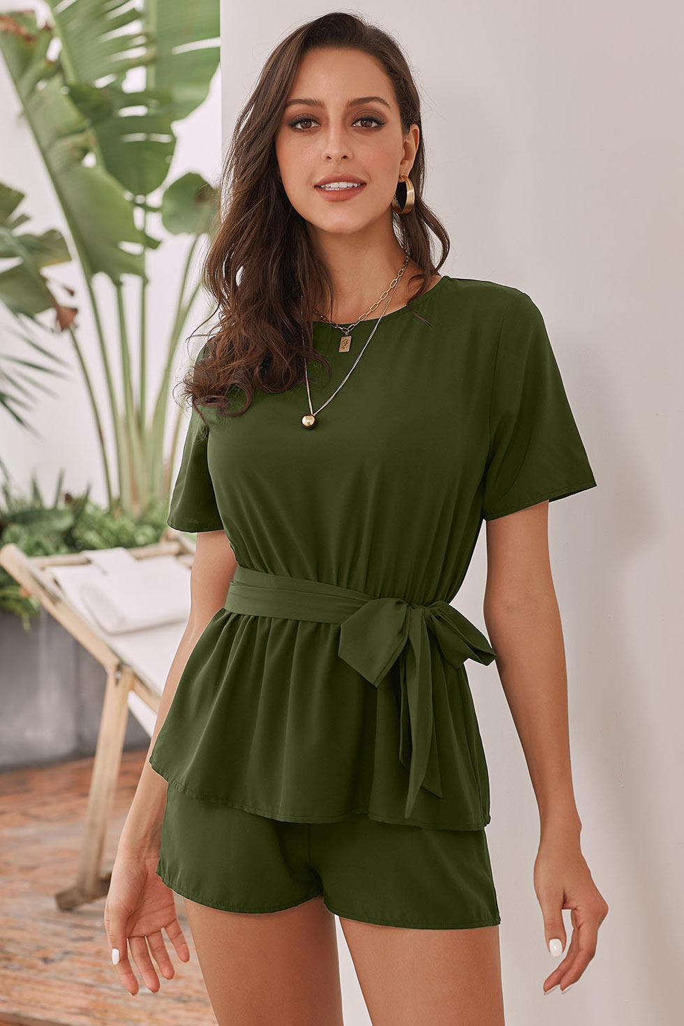 Solid Round Neck Belted Romper - Mislish