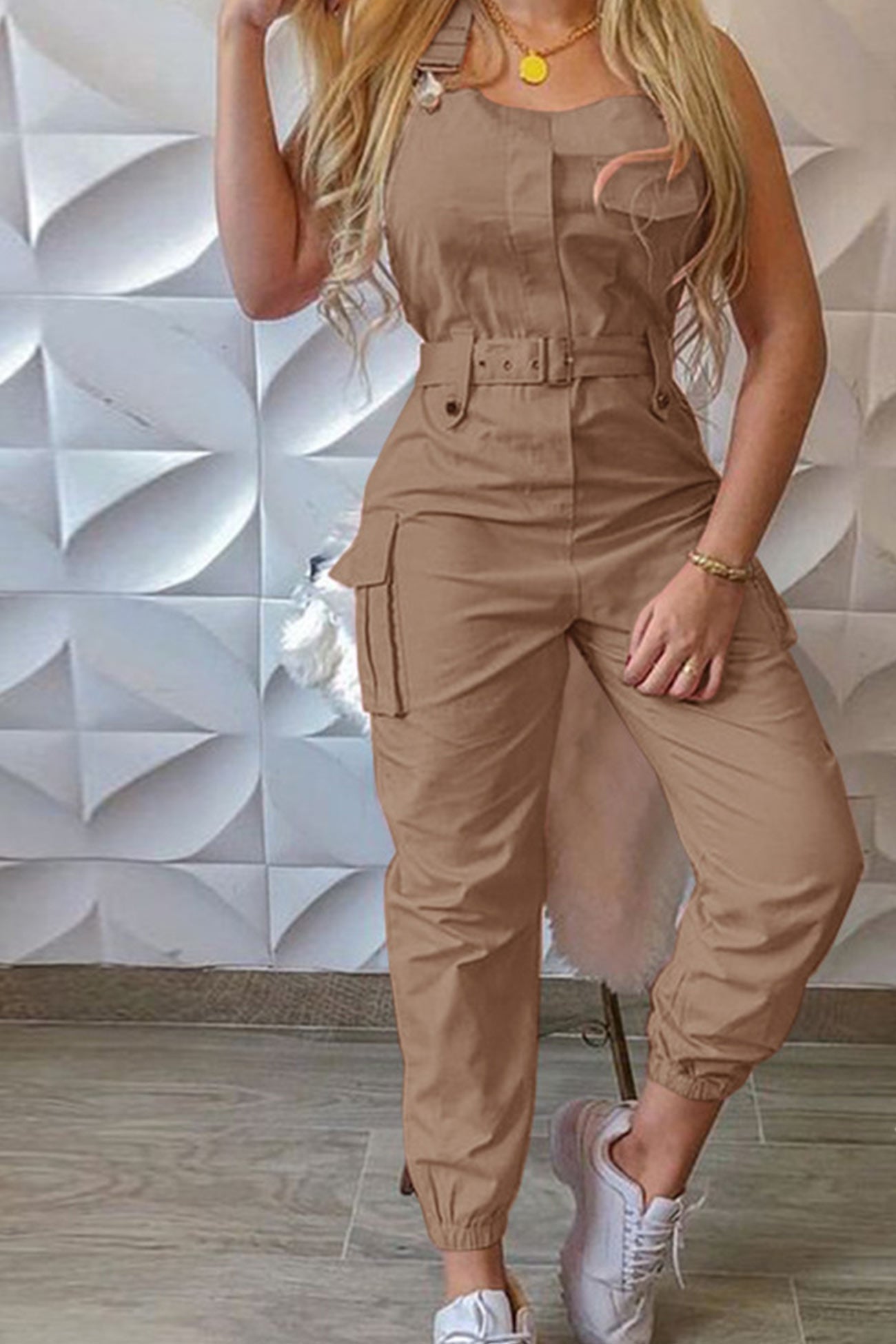 Solid Sleeveless Belted Cargo Jumpsuits