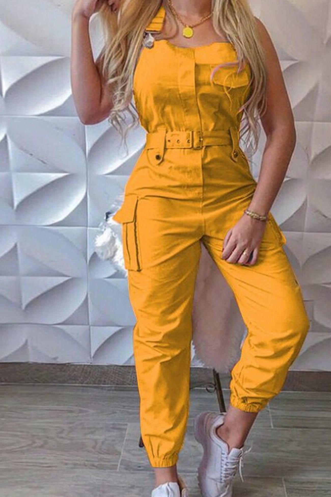 Solid Sleeveless Belted Cargo Jumpsuits