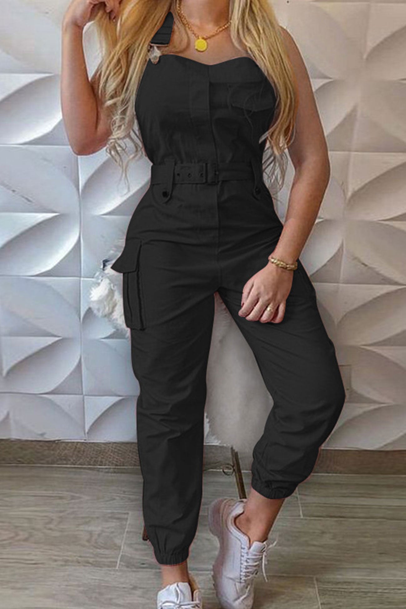 Solid Sleeveless Belted Cargo Jumpsuits