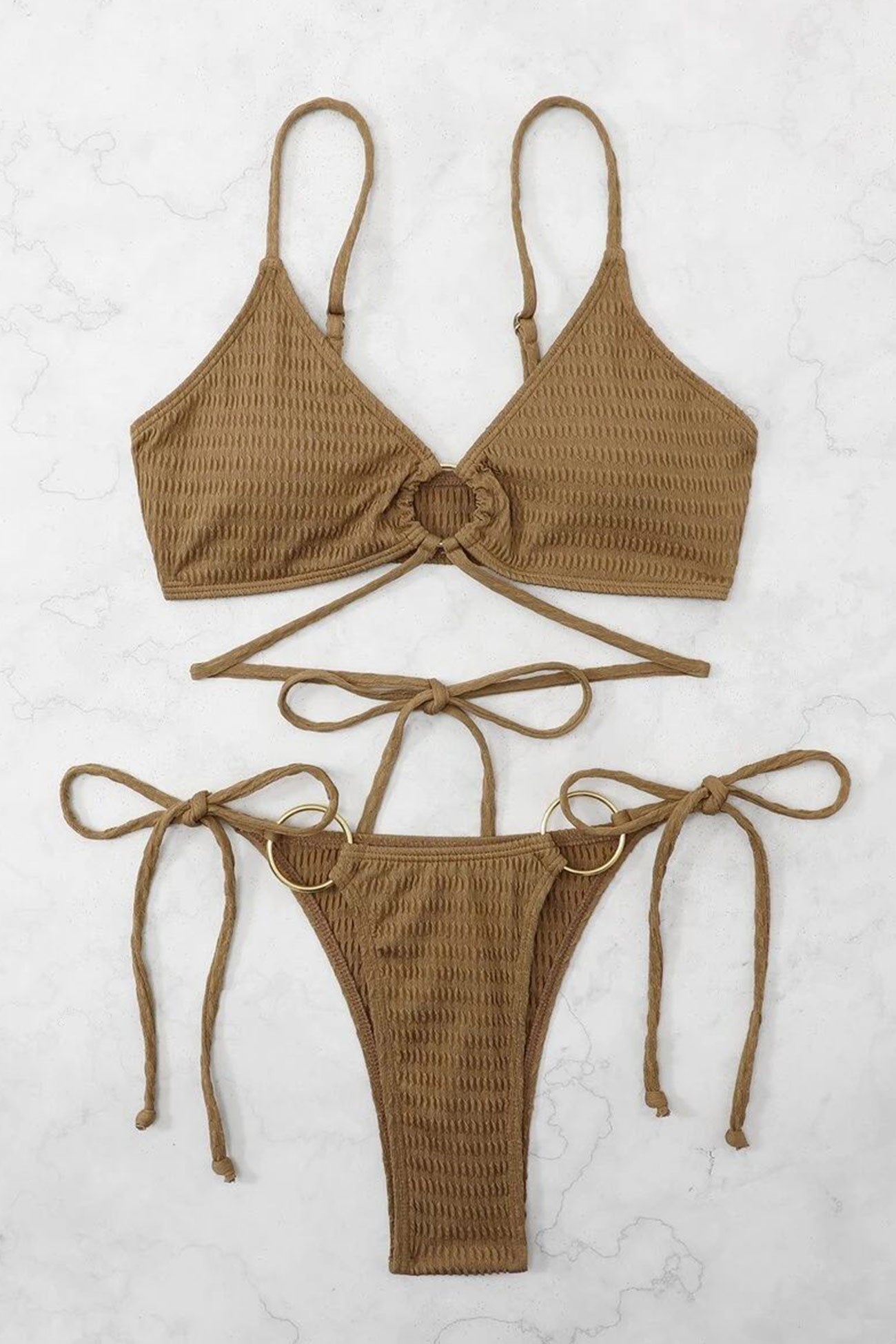 Solid Tie-up Metal Buckle Bikini Suits