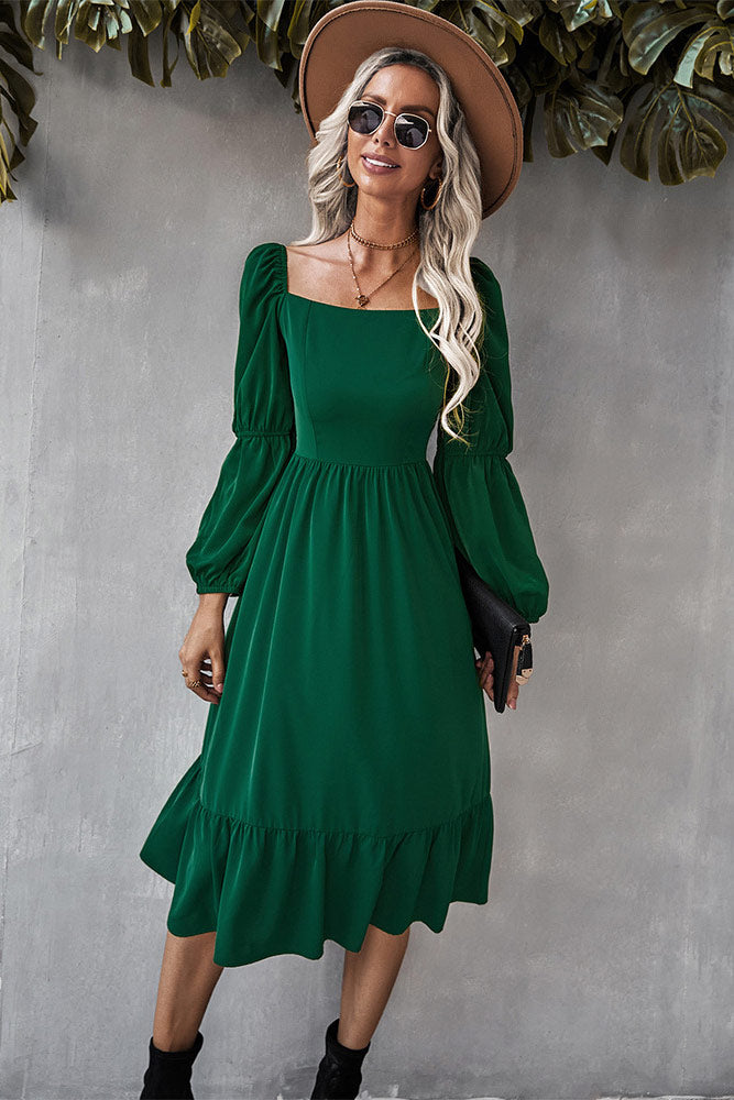 Solid Color A-line Casual Vacation Long Sleeve Dress