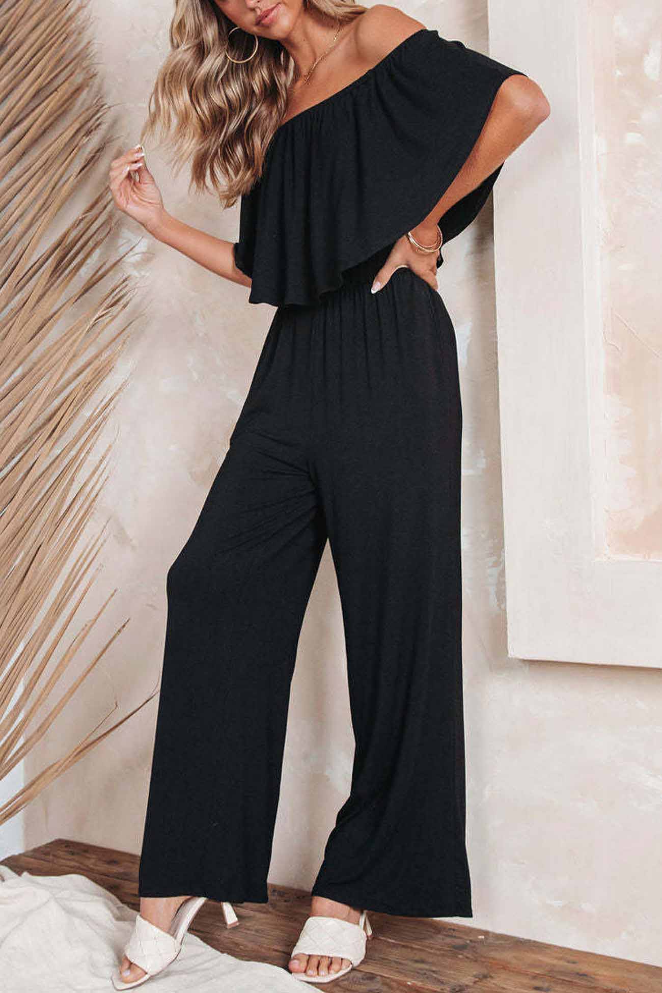 Solid Color Off Shoulder Wide Leg Jumpsuits