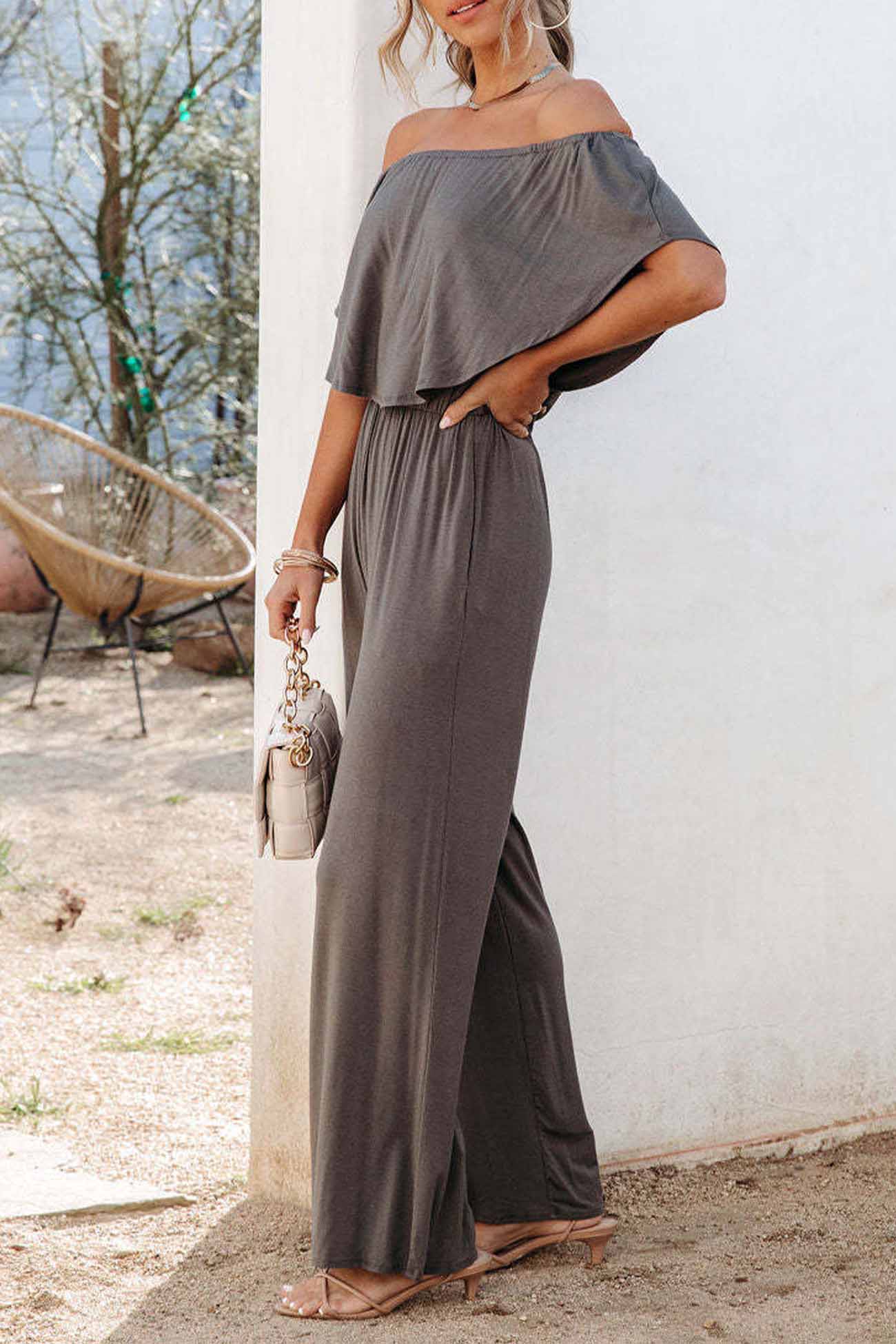 Solid Color Off Shoulder Wide Leg Jumpsuits