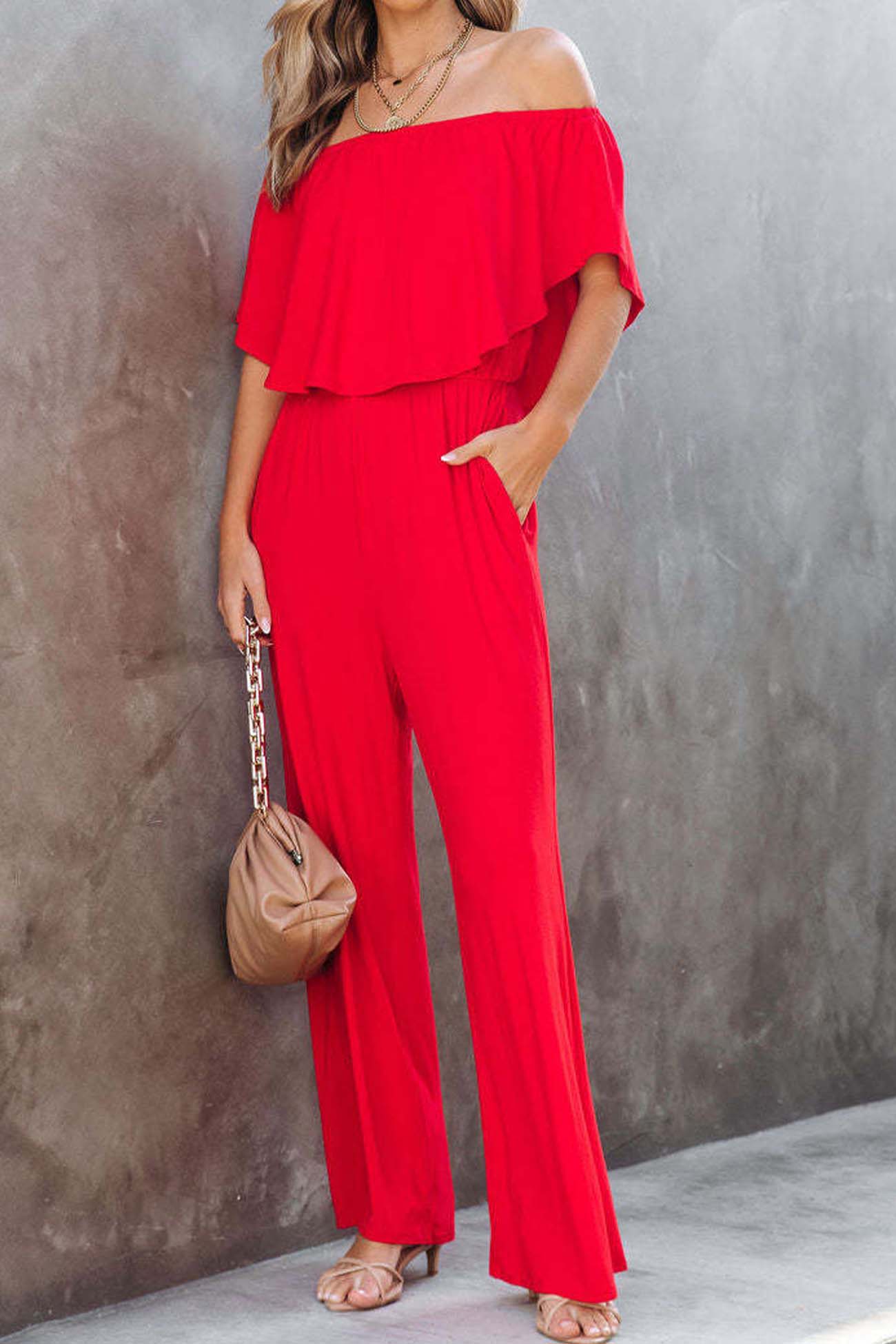 Solid Color Off Shoulder Wide Leg Jumpsuits