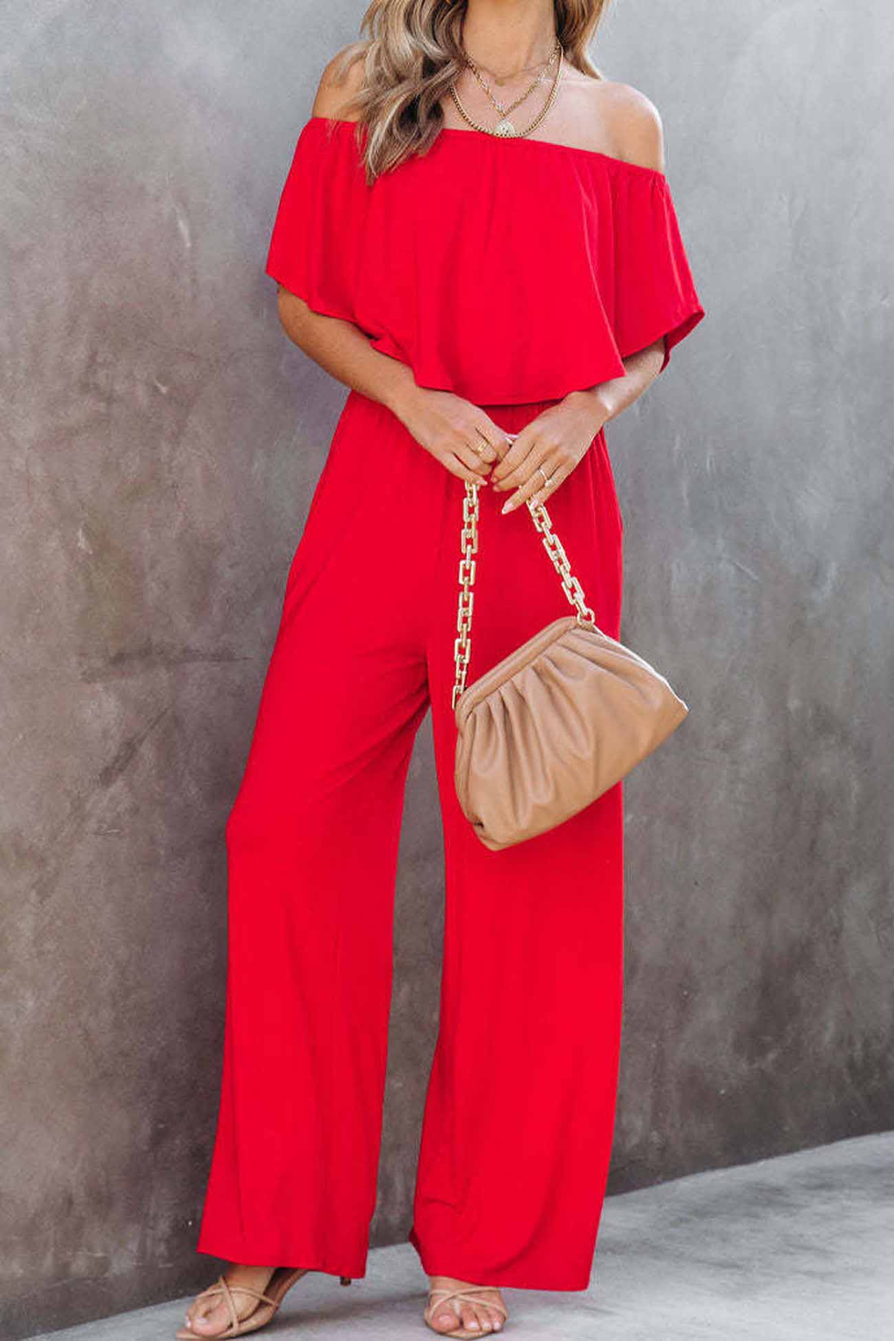 Solid Color Off Shoulder Wide Leg Jumpsuits