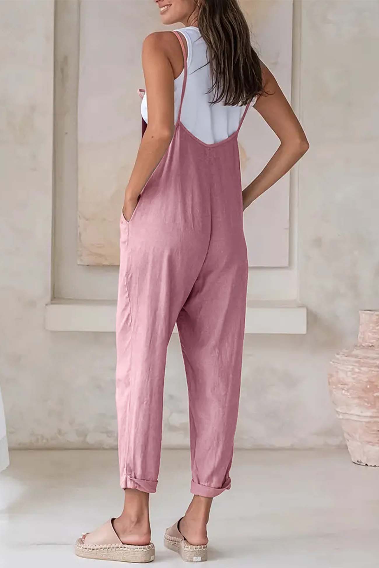 Solid Color Pocket Strappy Jumpsuits