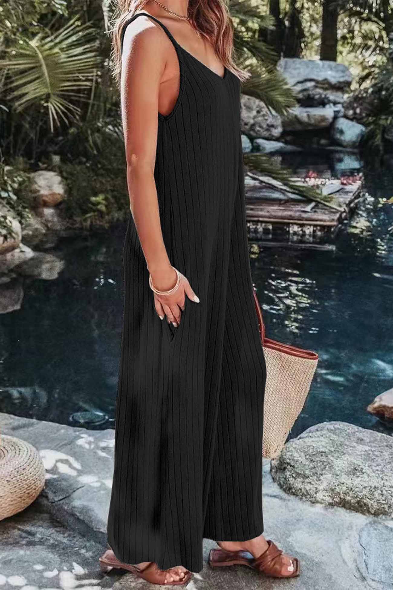 Solid Color Ribbed Sleeveless Wide Leg Jumpsuit