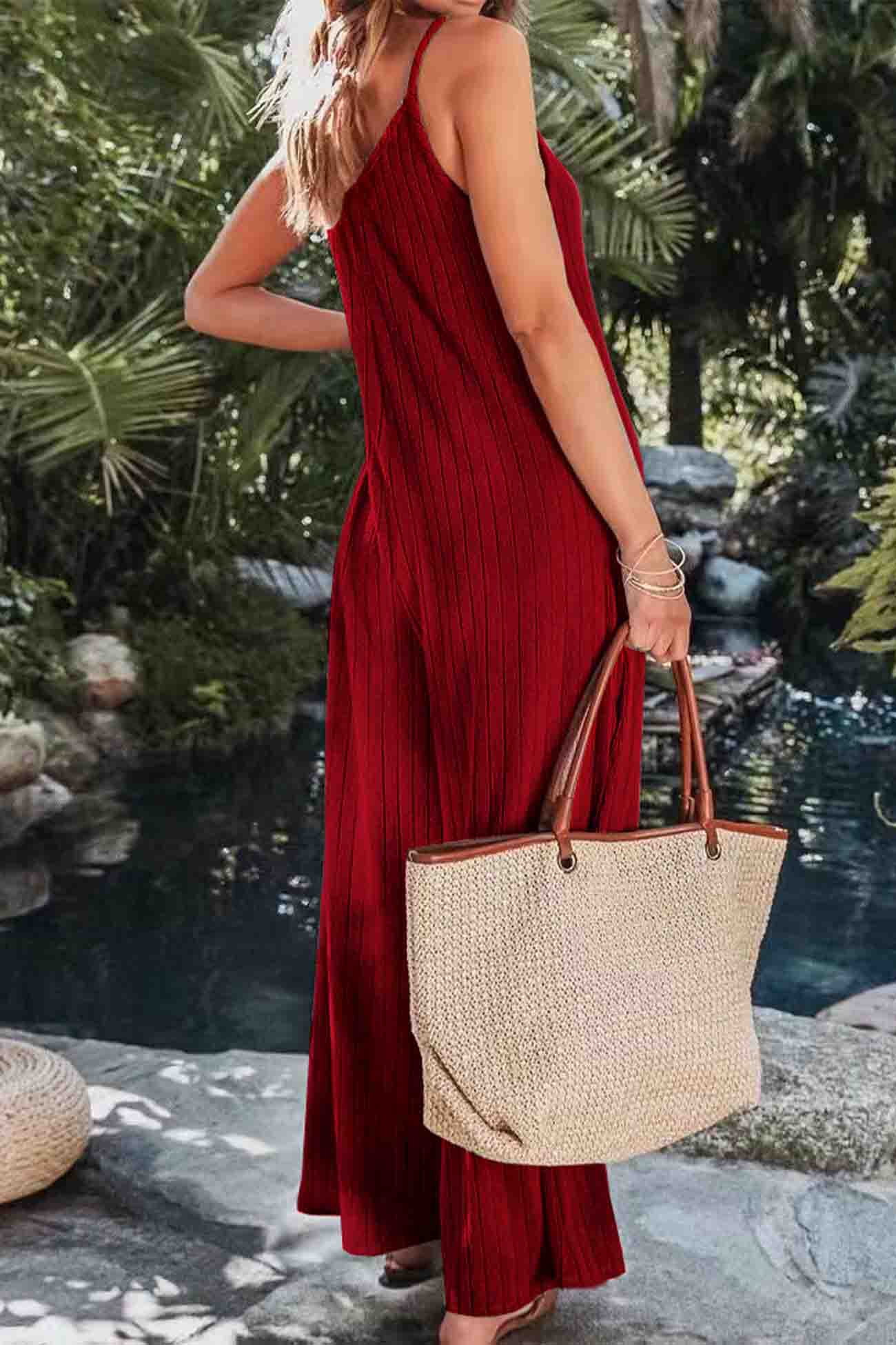 Solid Color Ribbed Sleeveless Wide Leg Jumpsuit